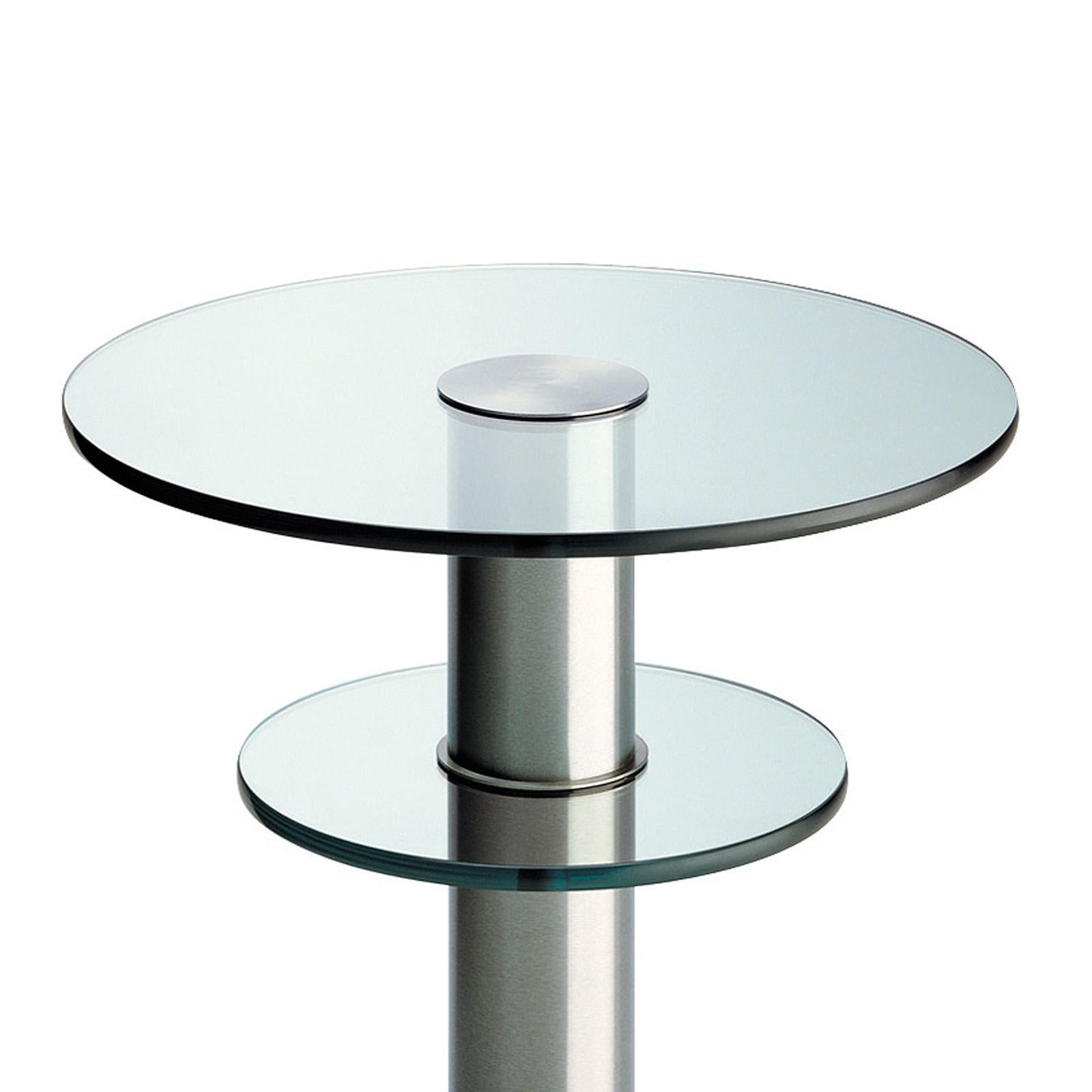 Table d'appoint Double anneaux avec mat 
structure métallique et avec 2 verres transparents 
sommets. 10 mm d'épaisseur chacun.