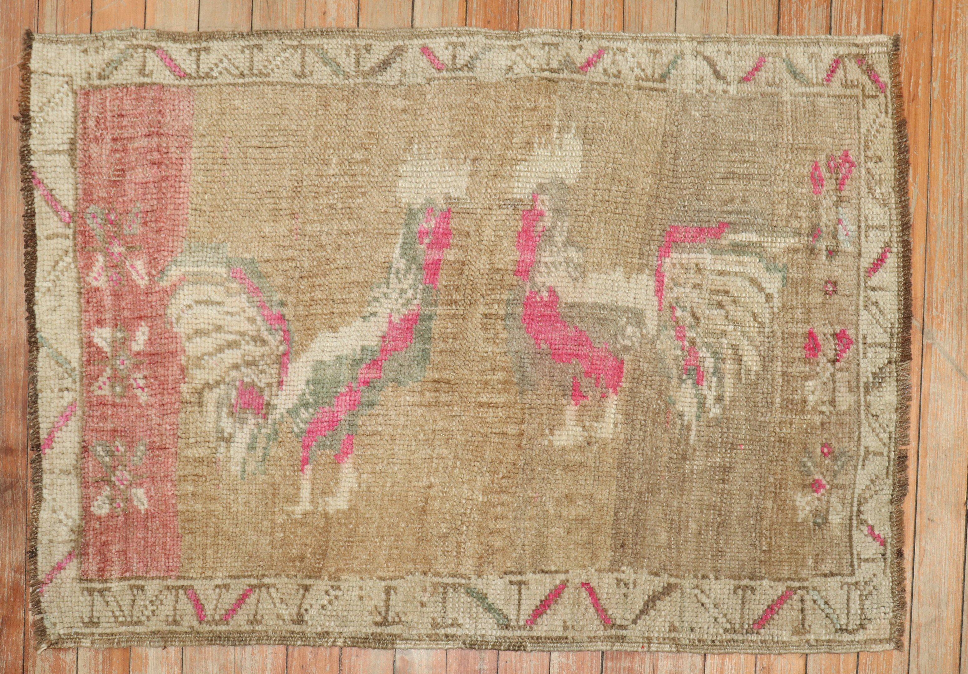 Mid-20th Century Turkish rug depicting 2 roosters on a brown field.

Measures: 2.2