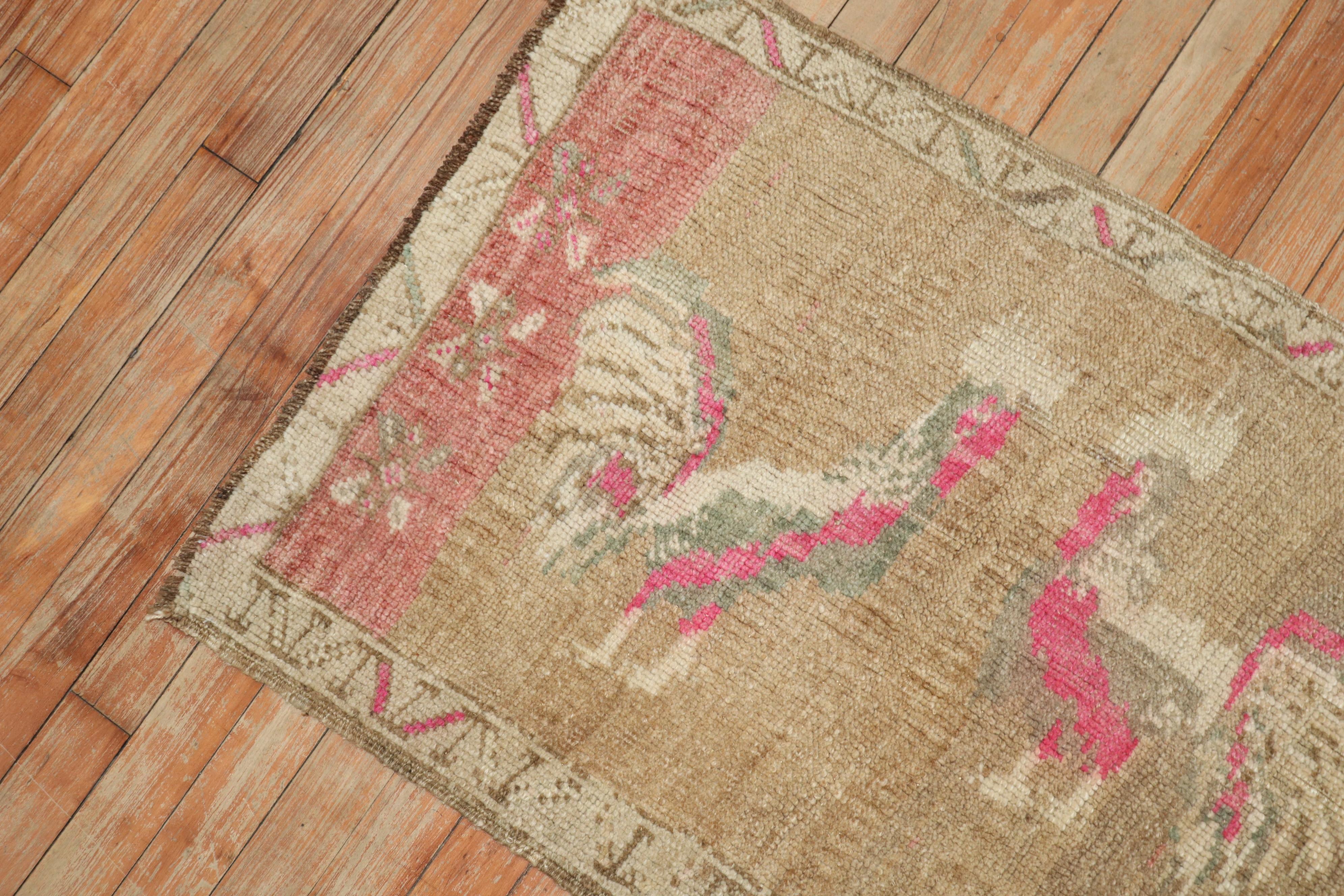 Hand-Knotted Double Rooster Vintage Turkish Rug