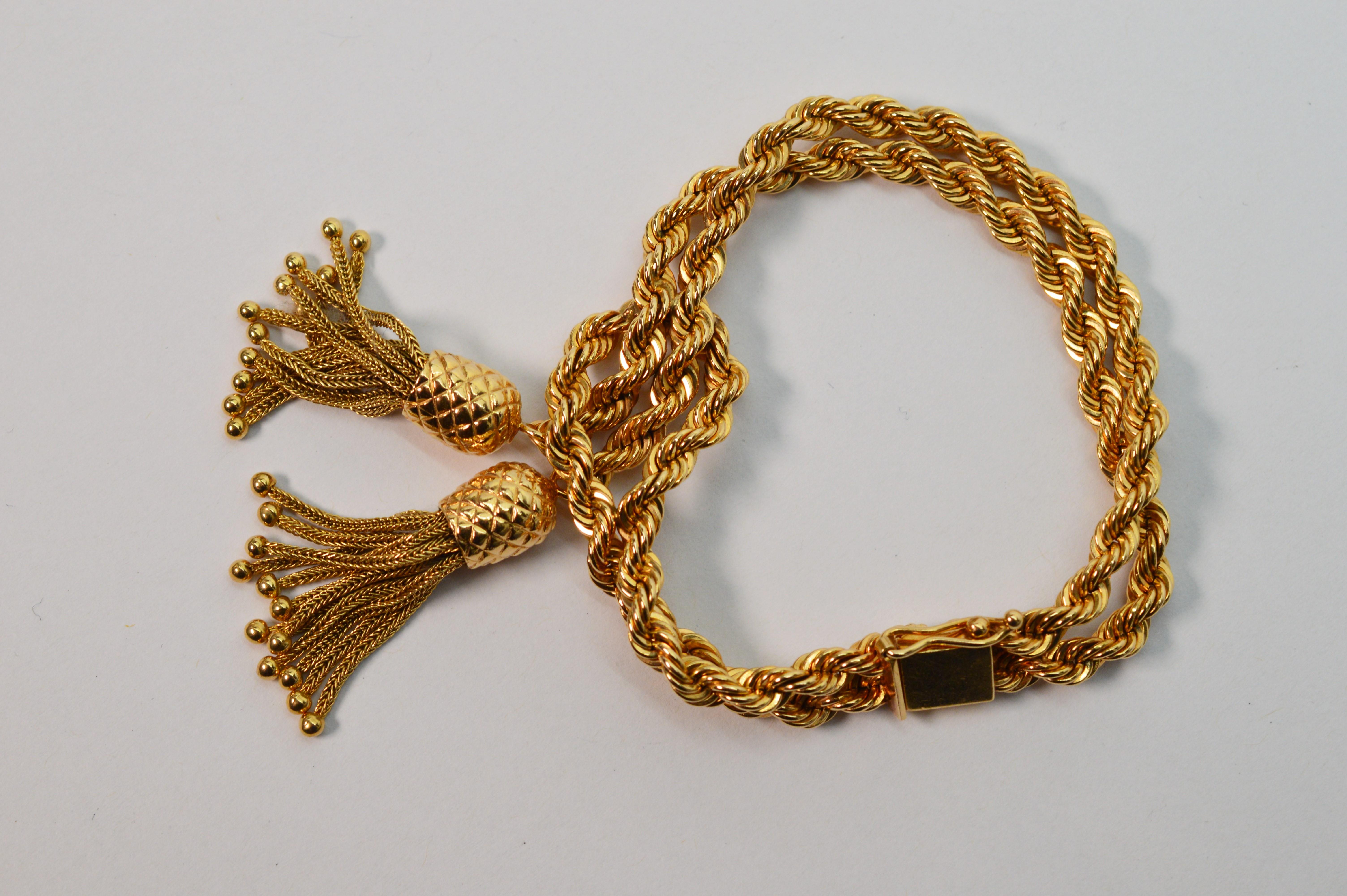 Double Rope Chain 14 Karat Yellow Gold Bracelet with Pineapple Charm Tassels 4
