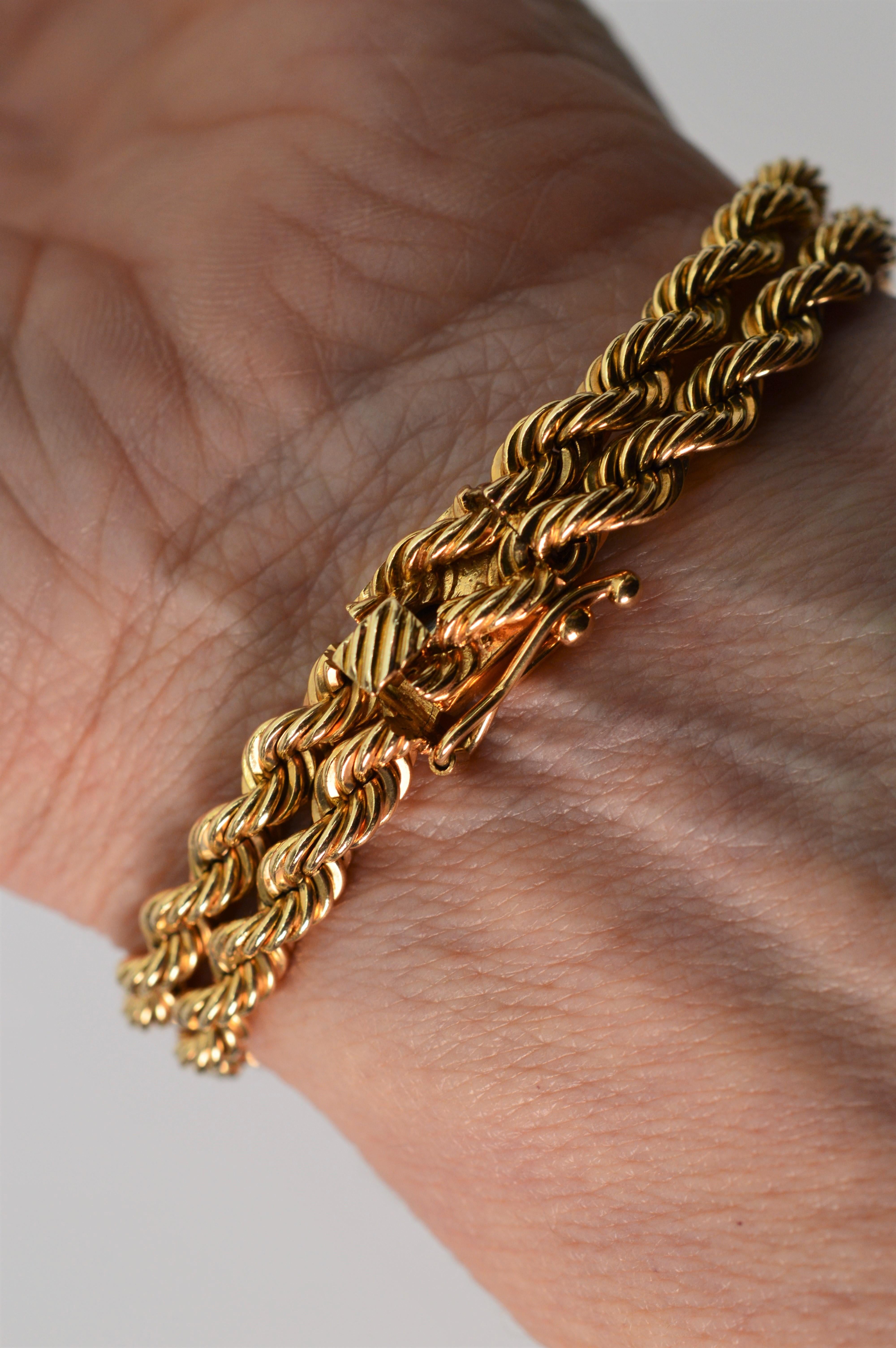 Double Rope Chain 14 Karat Yellow Gold Bracelet with Pineapple Charm Tassels 5