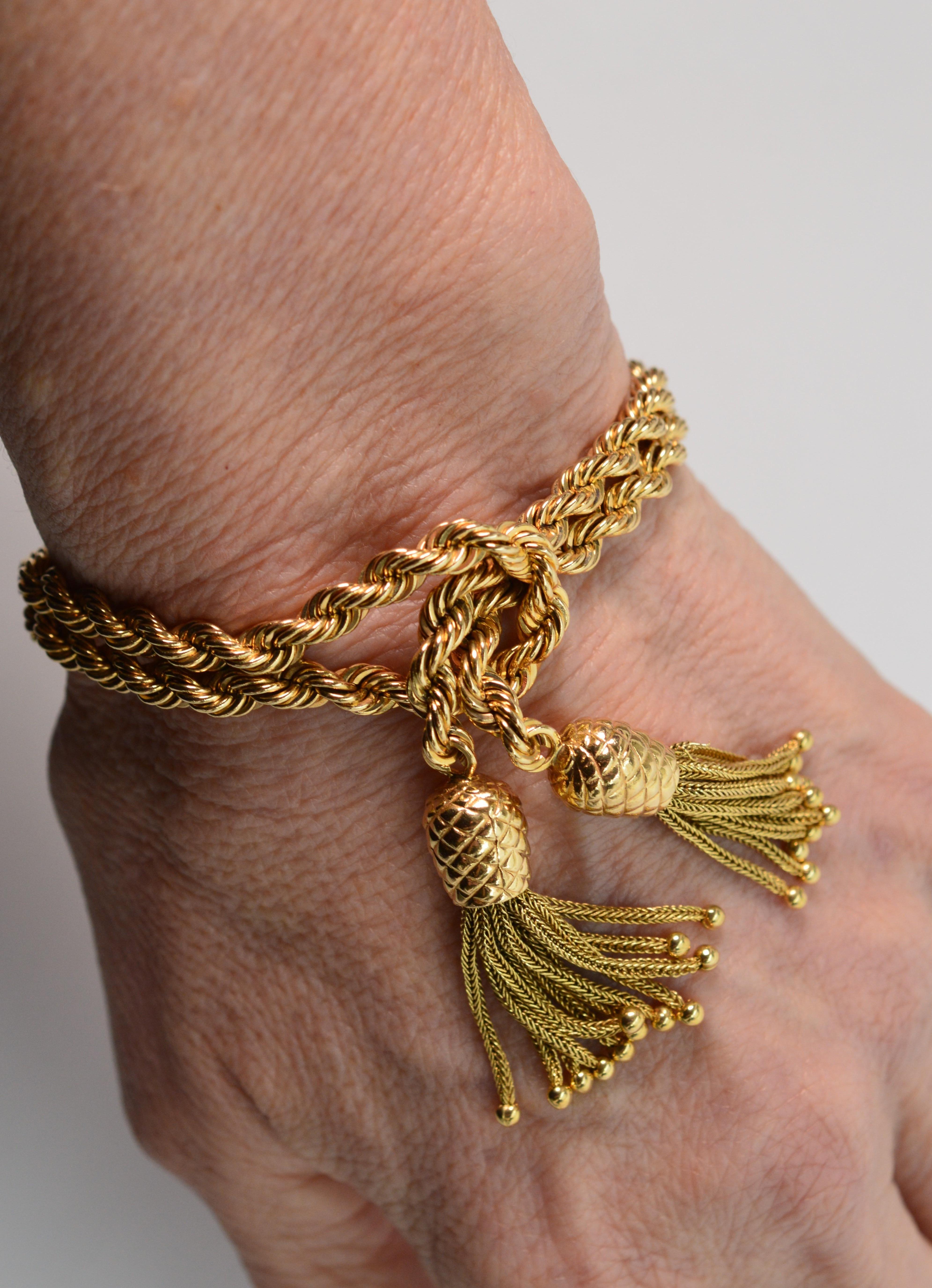 Double Rope Chain 14 Karat Yellow Gold Bracelet with Pineapple Charm Tassels 6
