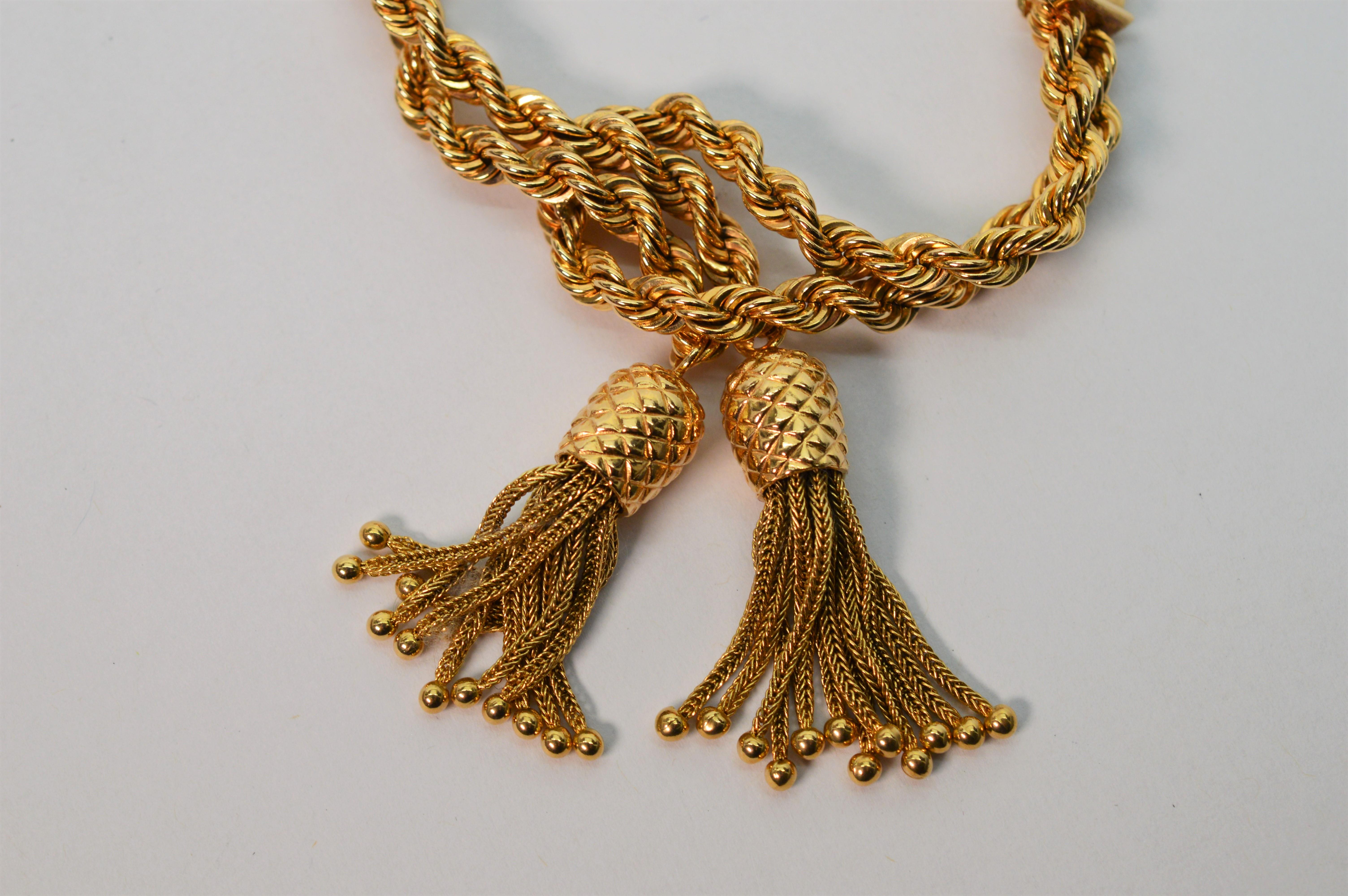 Double Rope Chain 14 Karat Yellow Gold Bracelet with Pineapple Charm Tassels In Excellent Condition In Mount Kisco, NY