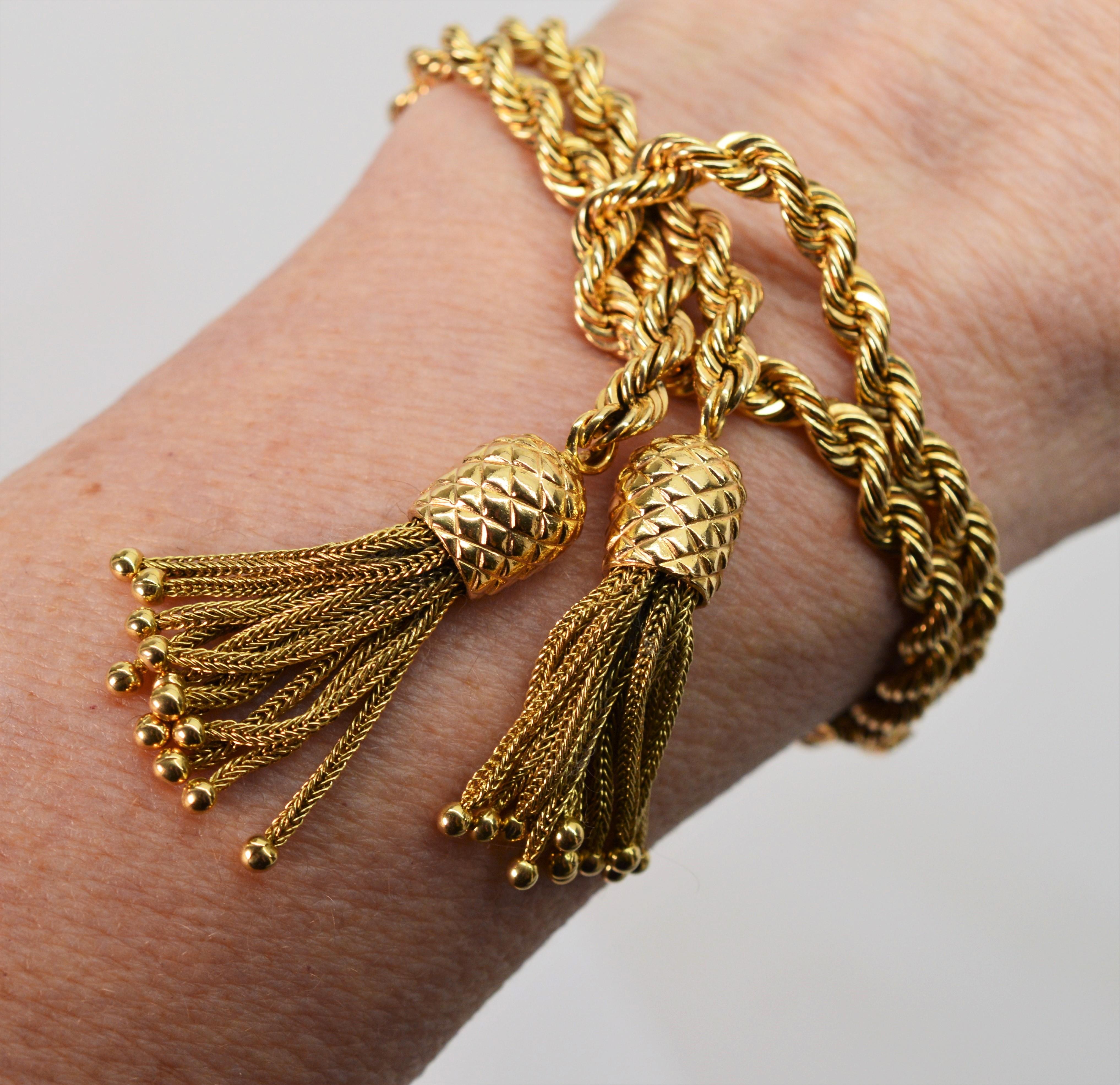 Women's Double Rope Chain 14 Karat Yellow Gold Bracelet with Pineapple Charm Tassels