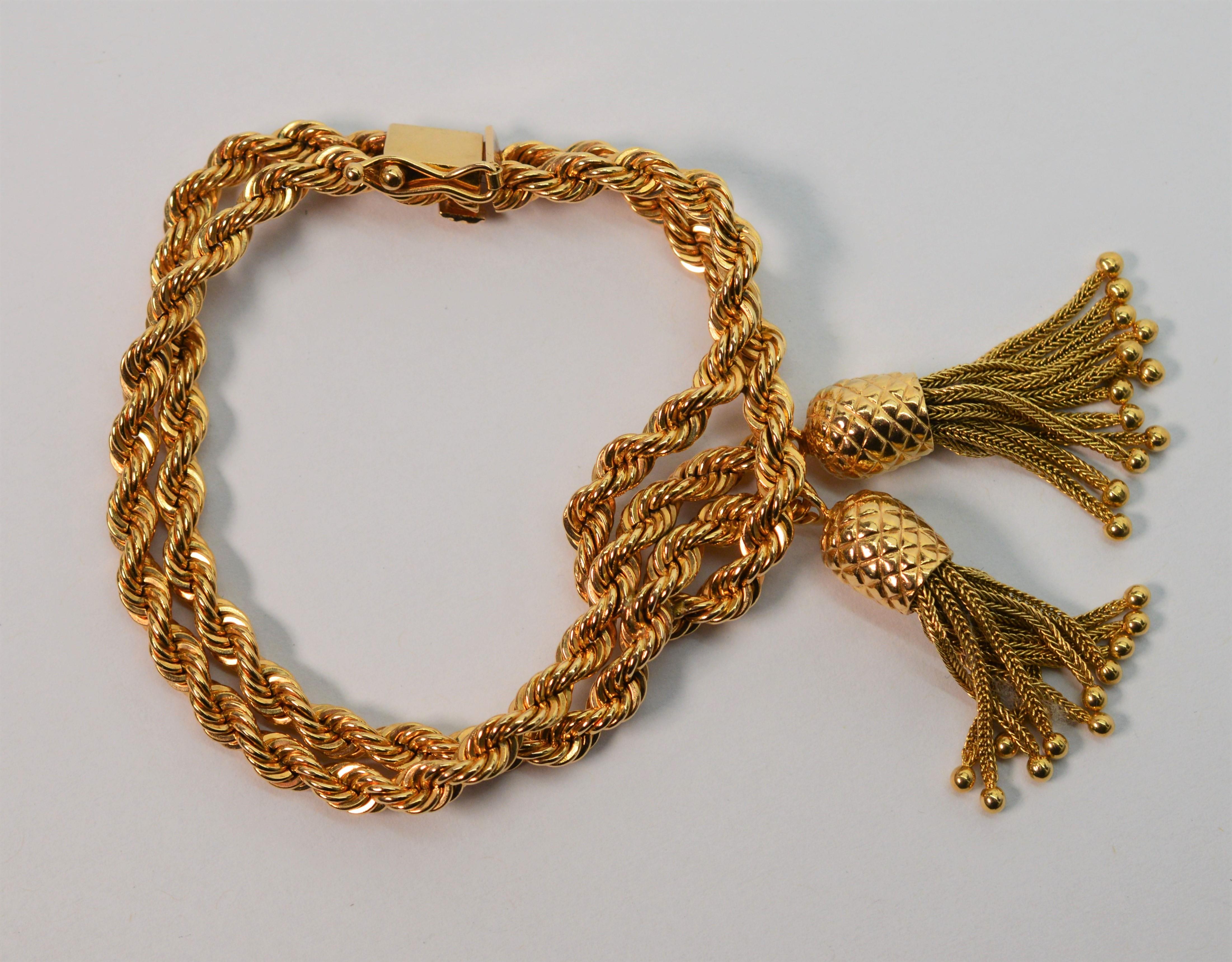 Double Rope Chain 14 Karat Yellow Gold Bracelet with Pineapple Charm Tassels 1