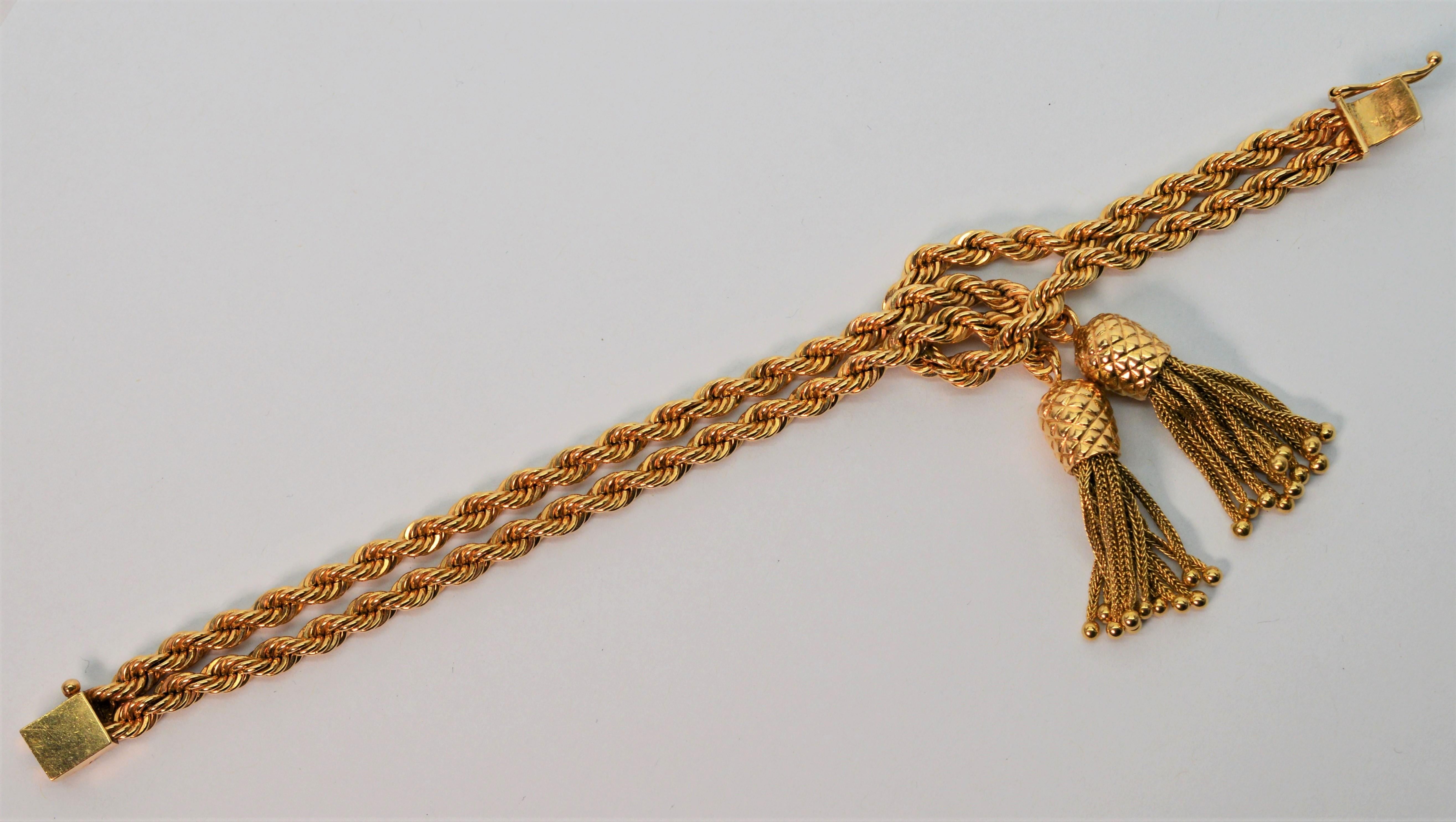 Double Rope Chain 14 Karat Yellow Gold Bracelet with Pineapple Charm Tassels 2
