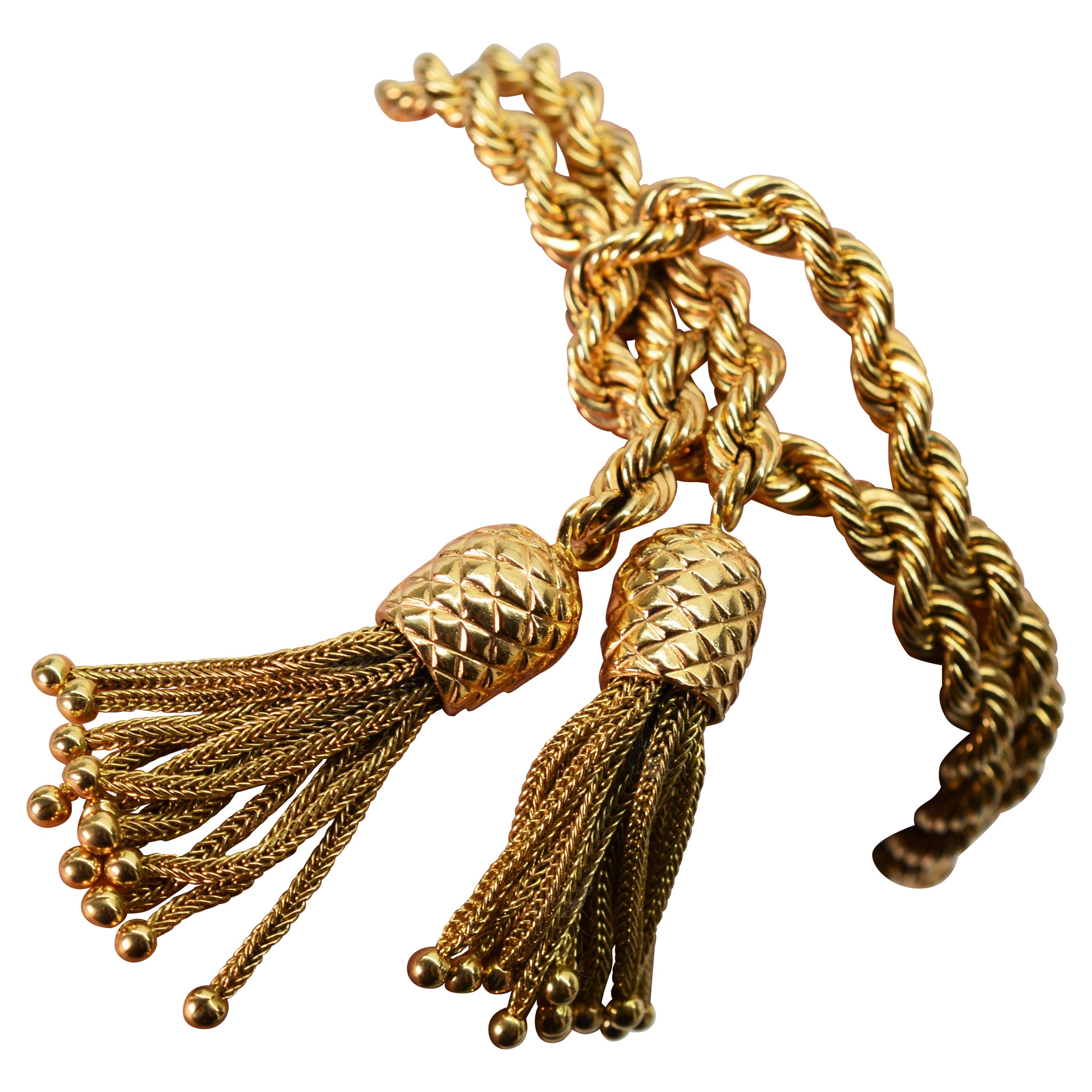 Double Rope Chain 14 Karat Yellow Gold Bracelet with Pineapple Charm Tassels