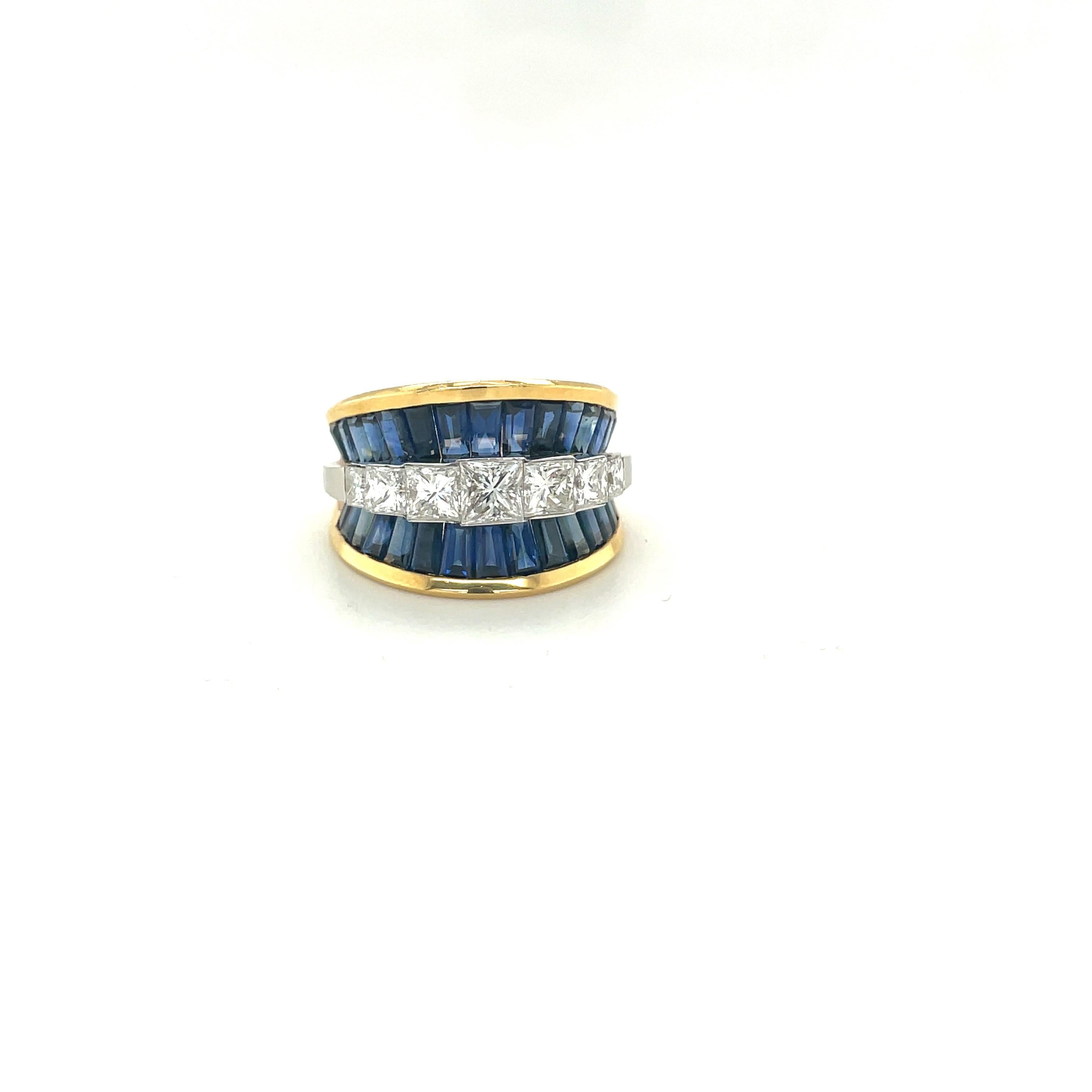 Double Row 5.06ct Sapphire and 1.67ct Princess Cut Diamond Concave Ring In New Condition For Sale In New York, NY