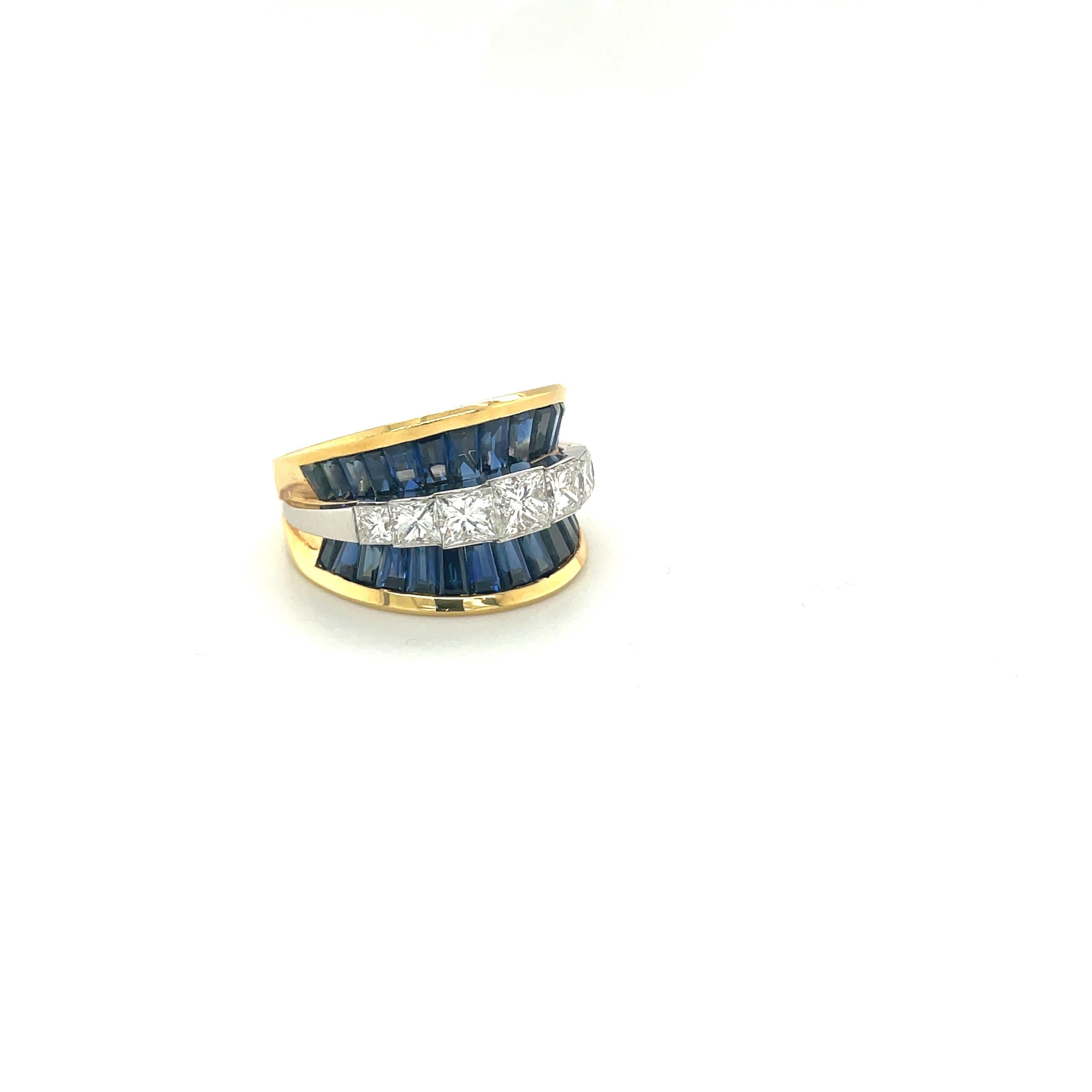 Double Row 5.06ct Sapphire and 1.67ct Princess Cut Diamond Concave Ring For Sale 1