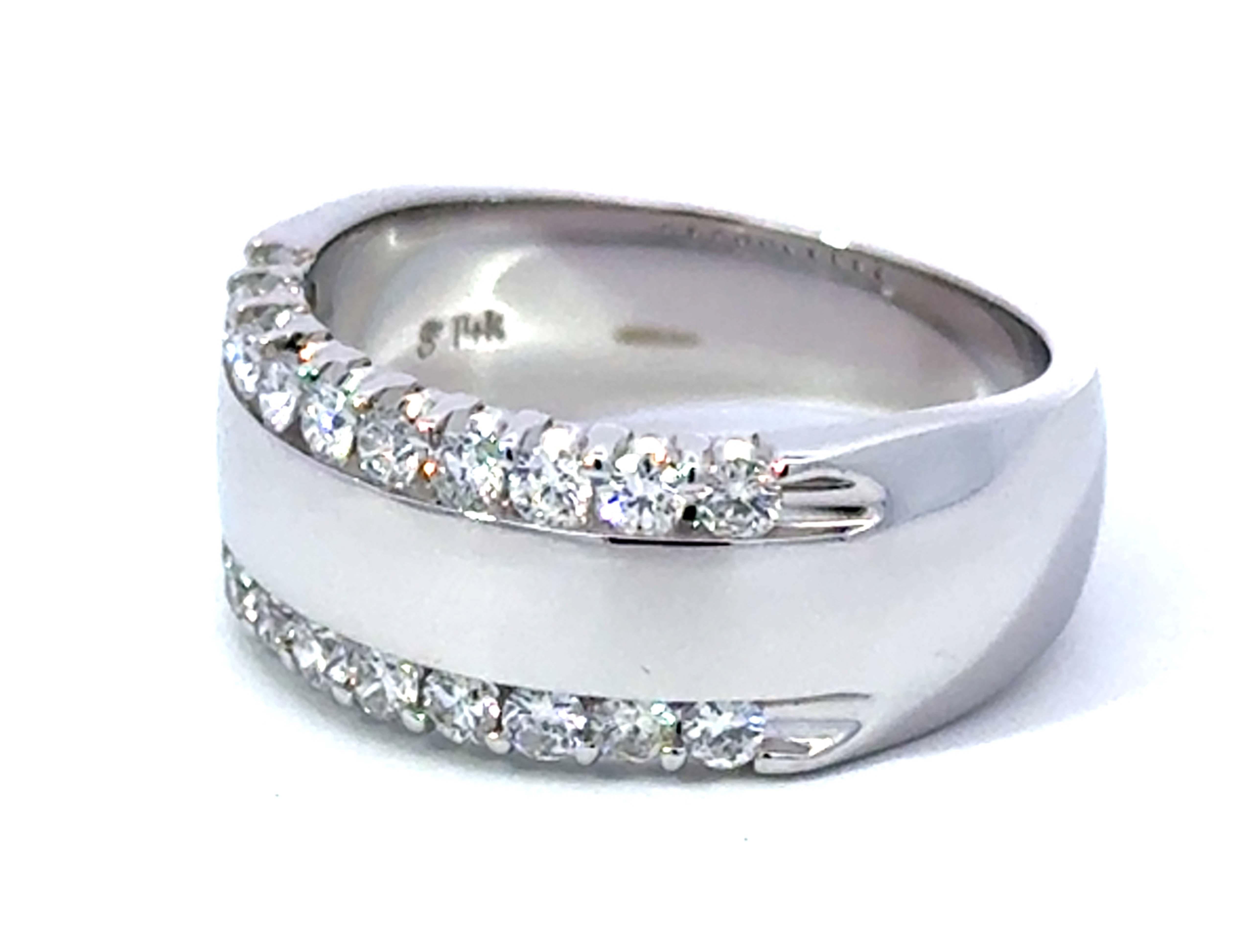 Double Row 8 mm Wide Diamond Wedding Band Ring High Polish Finish 14k White Gold In Excellent Condition For Sale In Honolulu, HI