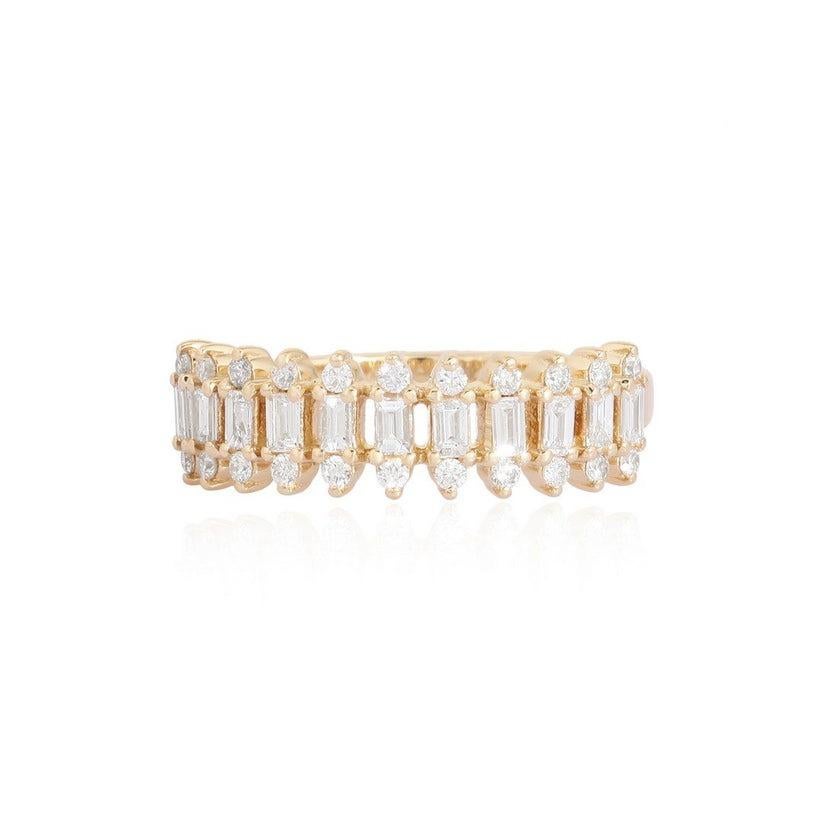 En vente :  Bague en or 14K à deux rangs de baguettes et pierres rondes diamantées 3