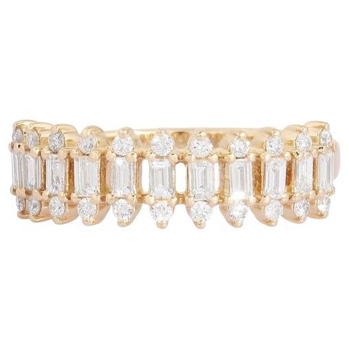 En vente :  Bague en or 14K à deux rangs de baguettes et pierres rondes diamantées