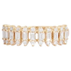 Bague en or 14K à deux rangs de baguettes et pierres rondes diamantées