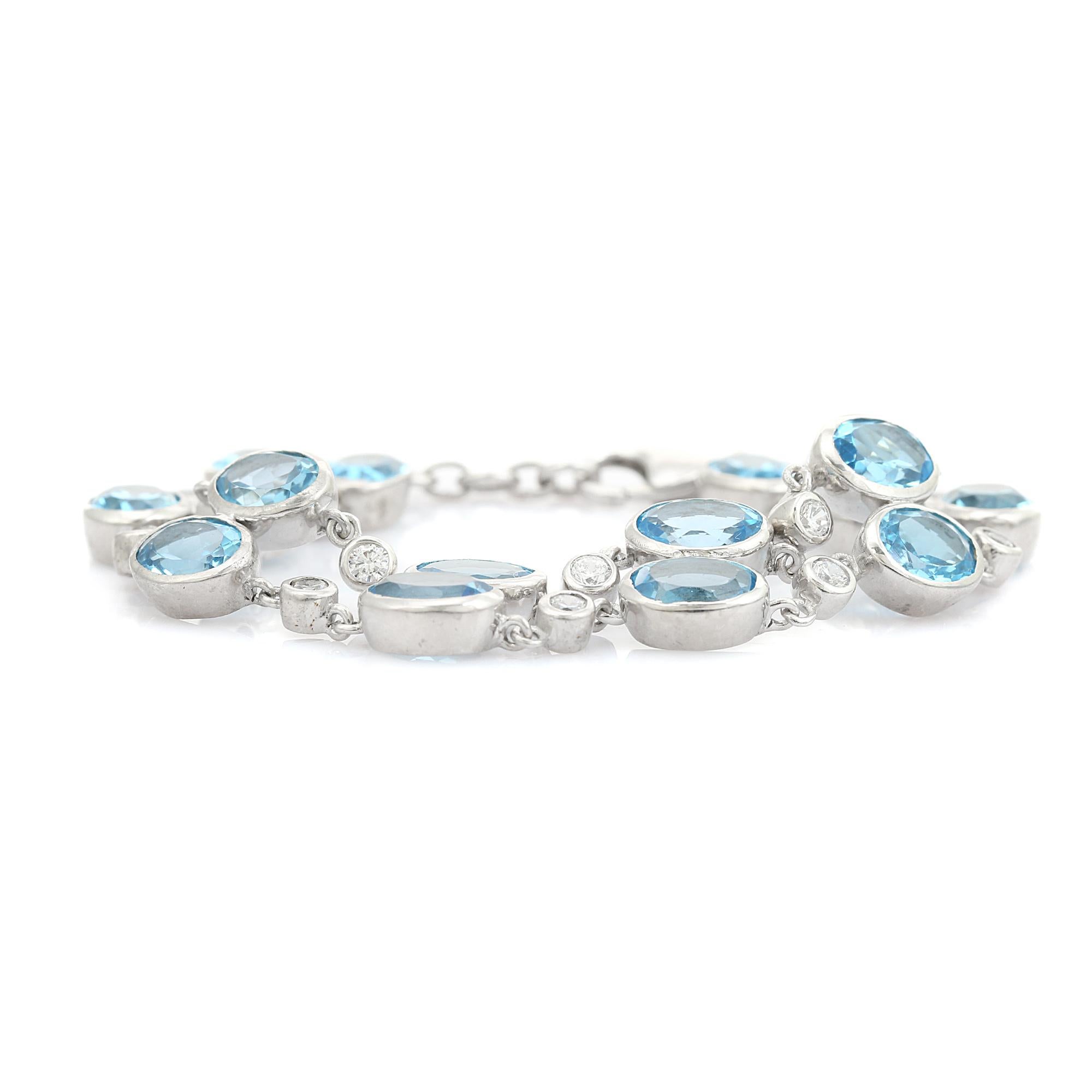 Pulsera de boda para ella de doble fila de topacio azul y circonitas en plata 925 Corte oval en venta