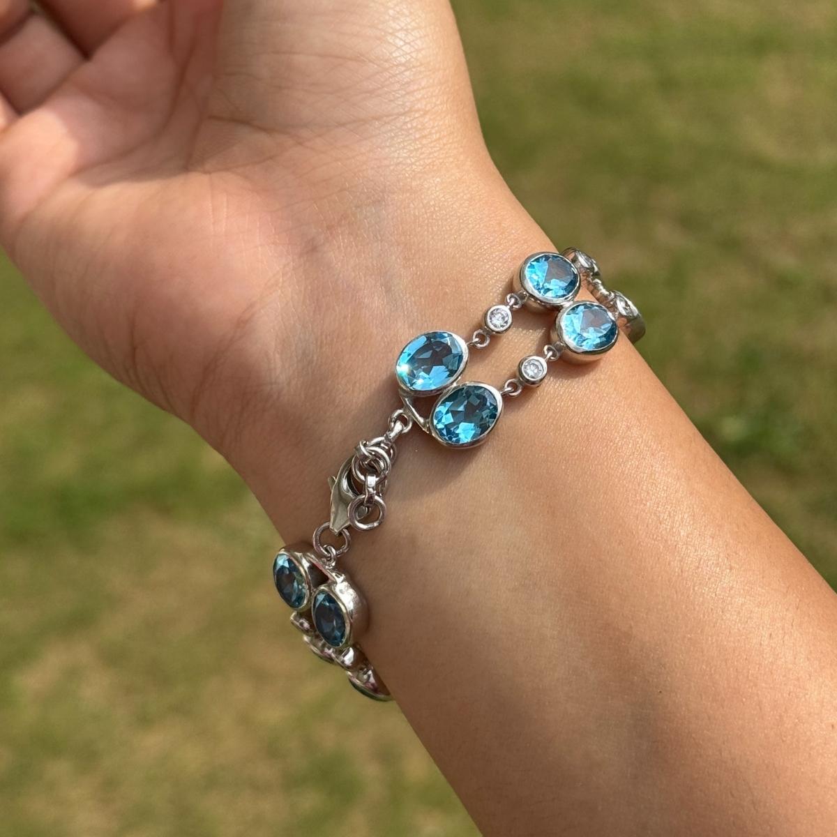 Donna Bracciale nuziale a doppia fila con topazio blu e zircone per lei in argento 925 in vendita