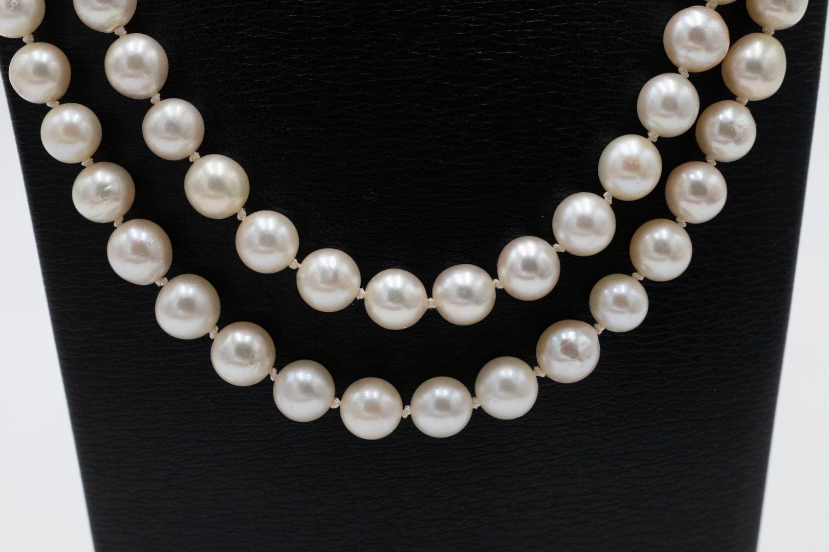 Bead Double row cultured pearl necklace with gold clasp with diamonds and synthetic s For Sale