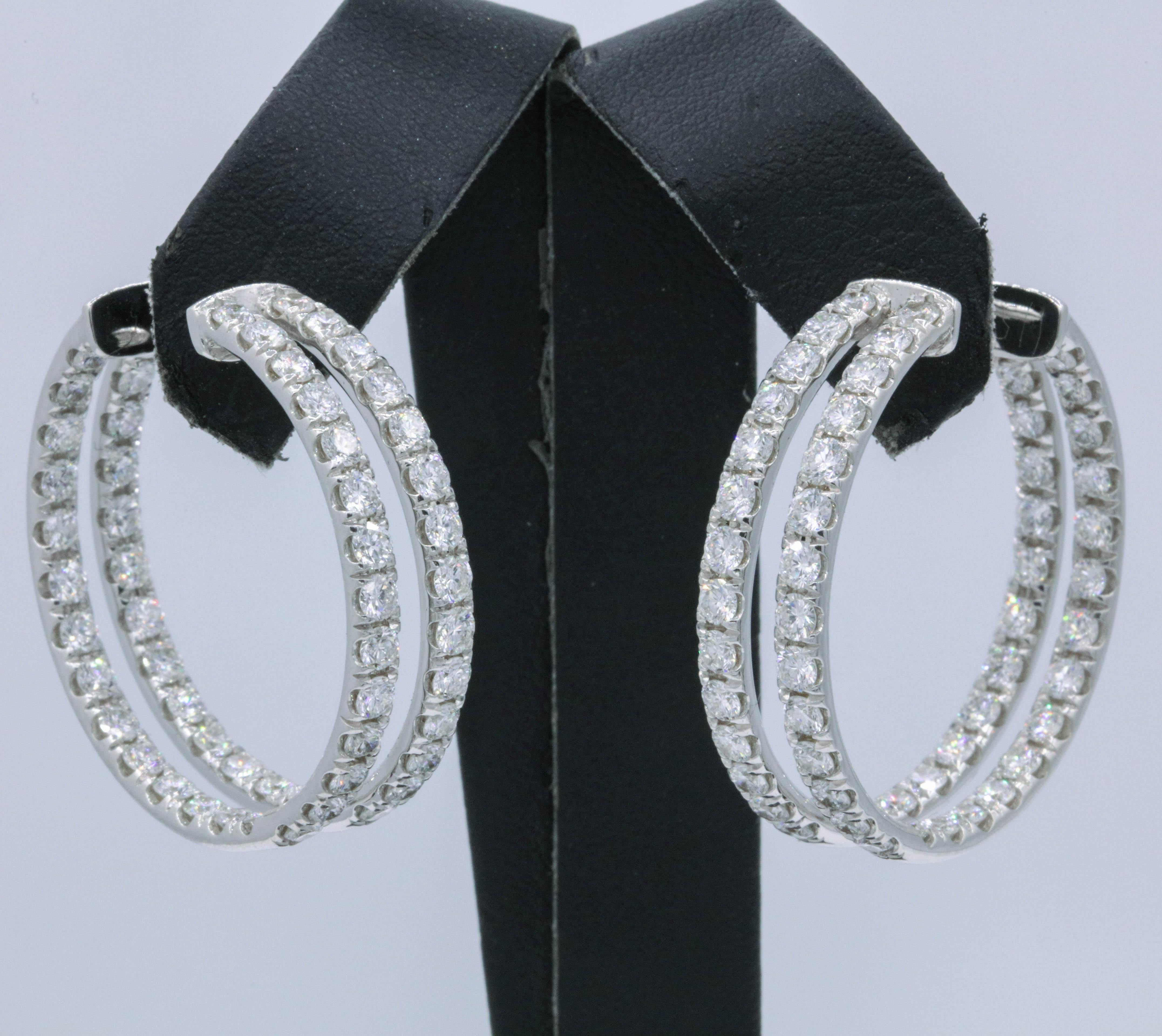 Contemporary Double-Row Diamond Hoop Earrings 5.60 Carat 14K White Gold For Sale