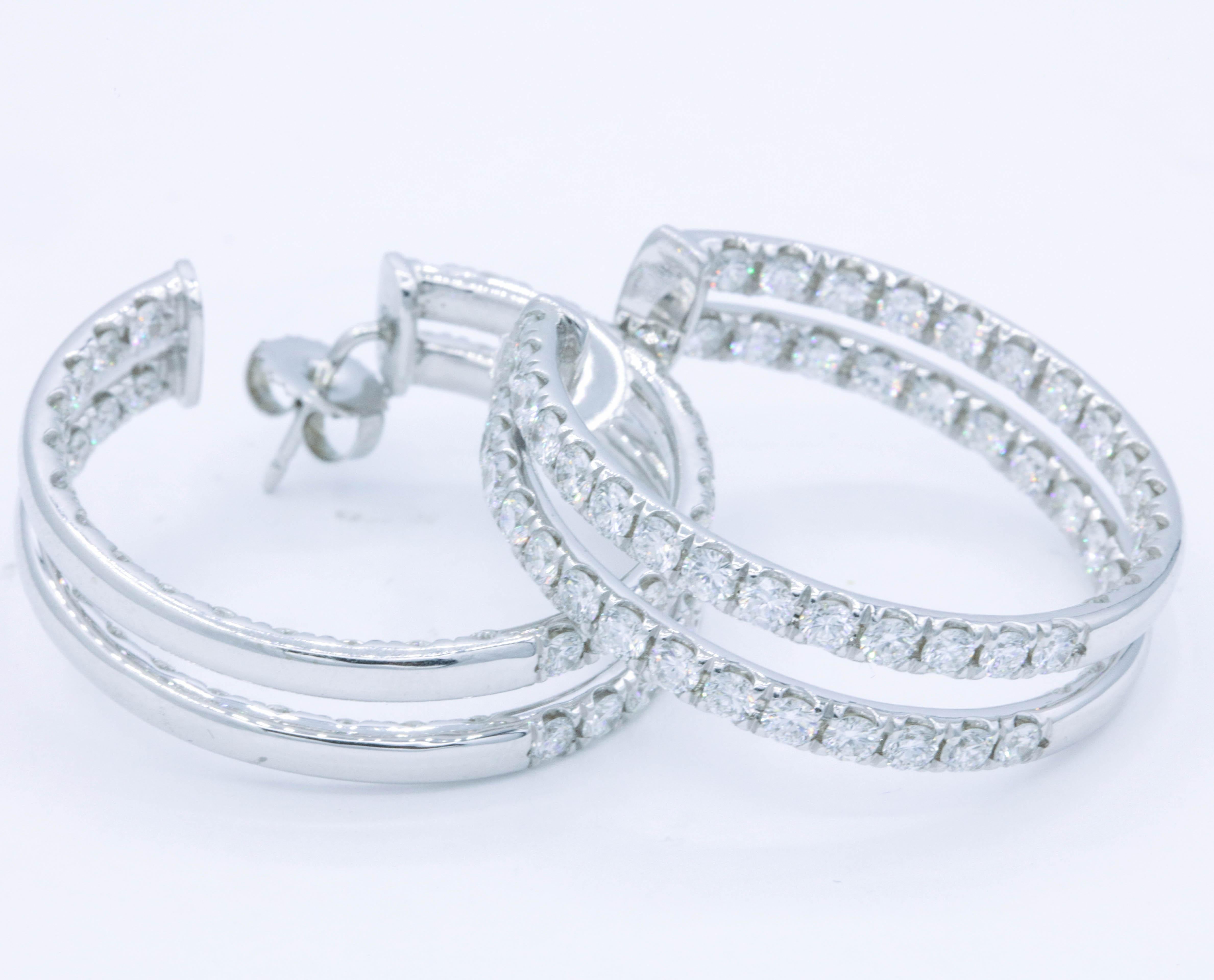 Round Cut Double-Row Diamond Hoop Earrings 5.60 Carat 14K White Gold For Sale