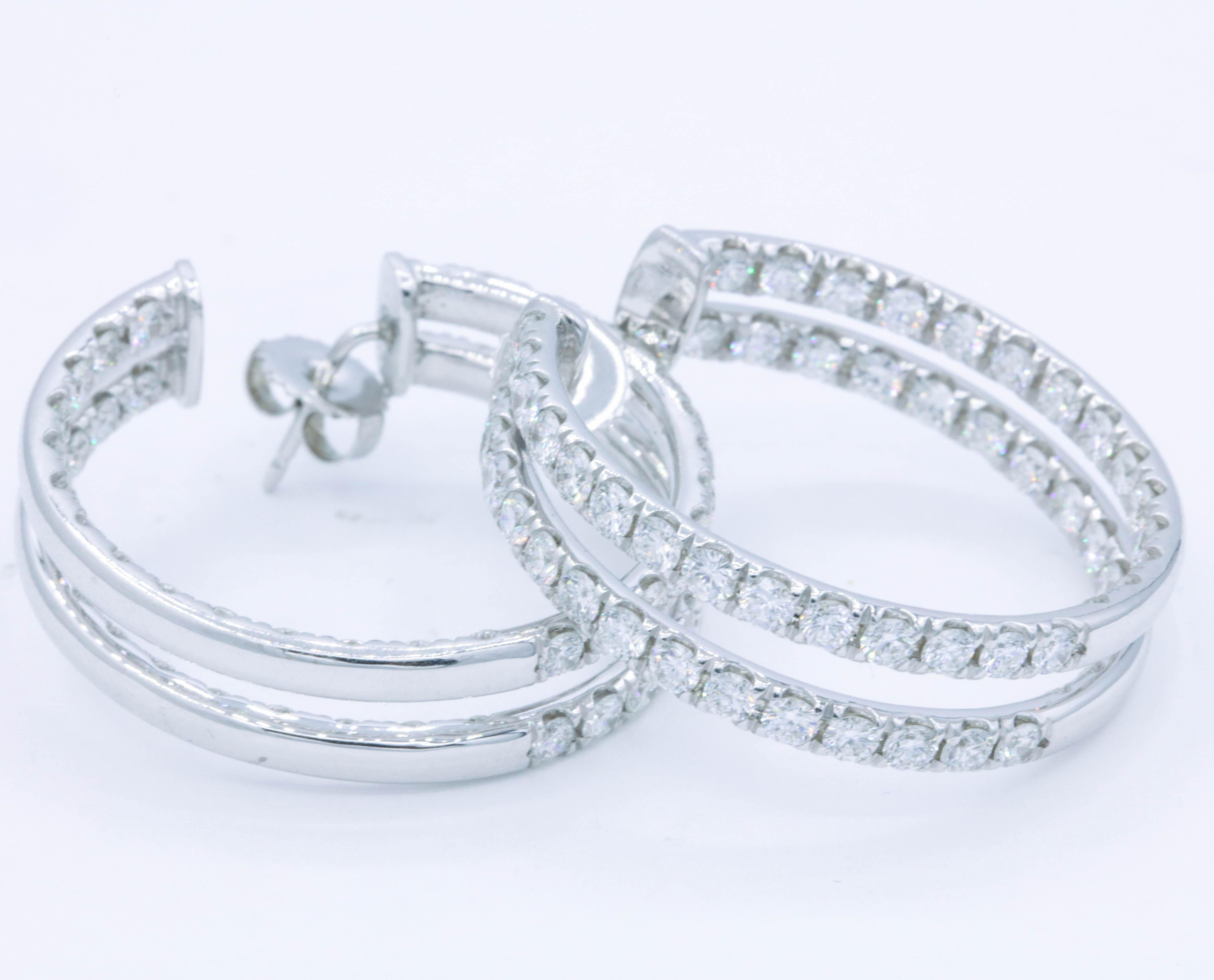 Round Cut Double-Row Diamond Hoop Medium Size Earrings 5.60 Carat 14 Karat White Gold For Sale