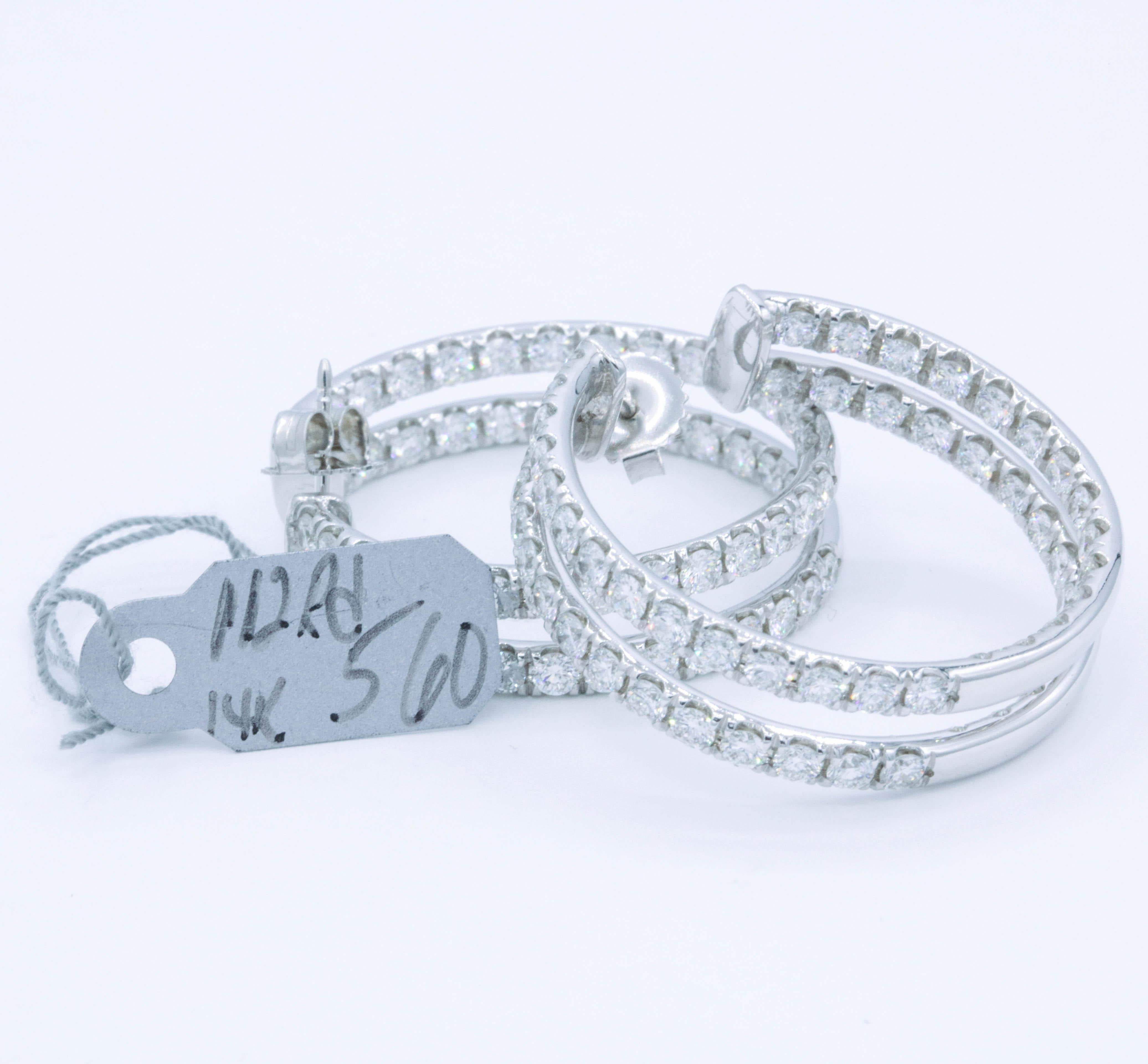 Double-Row Diamond Hoop Medium Size Earrings 5.60 Carat 14 Karat White Gold In New Condition For Sale In New York, NY