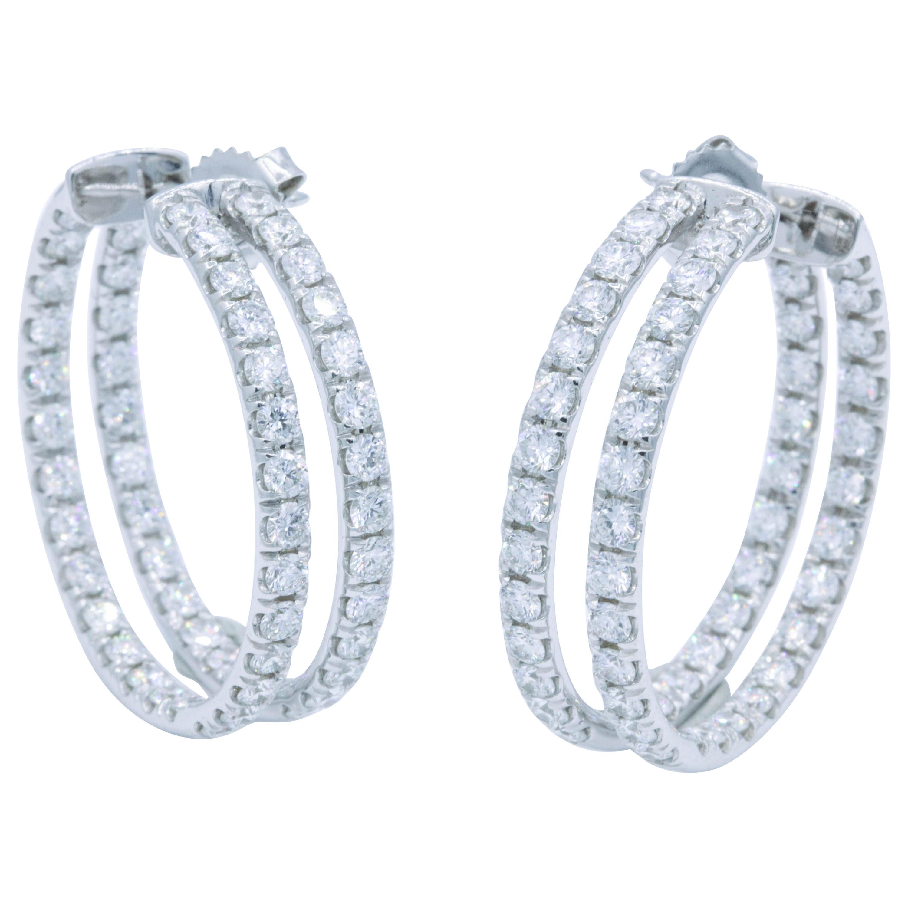 Double-Row Diamond Hoop Earrings 5.60 Carat 14K White Gold For Sale