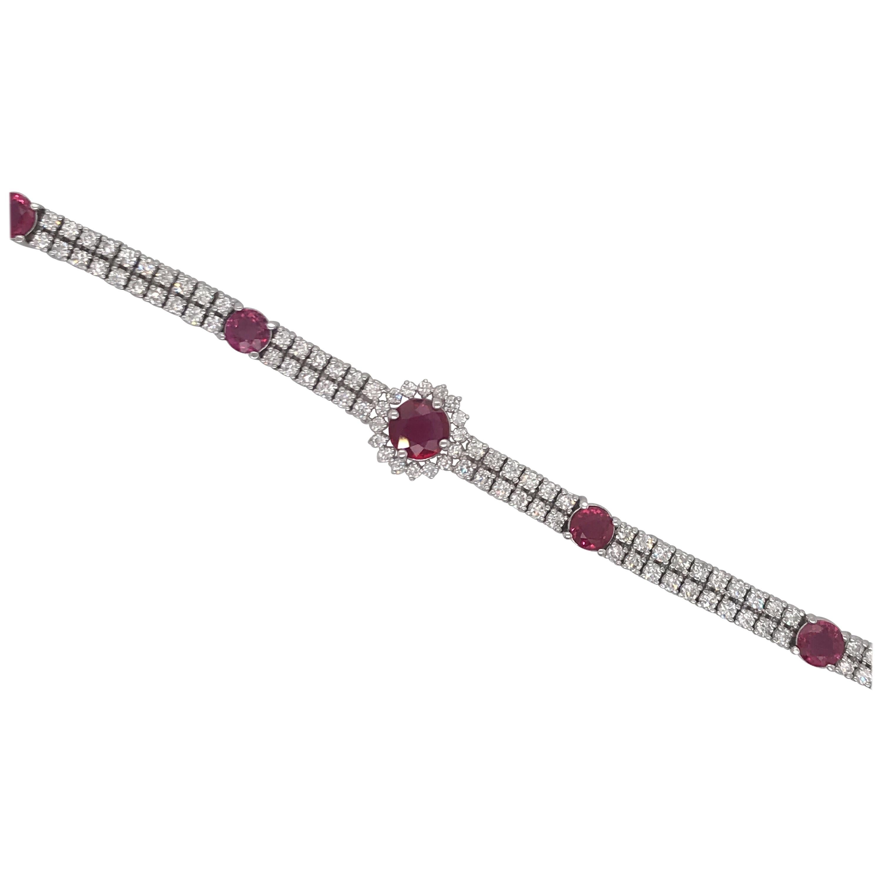 Double Row Diamond Ruby Tennis Bracelet 5.35 Carat 18 Karat White Gold