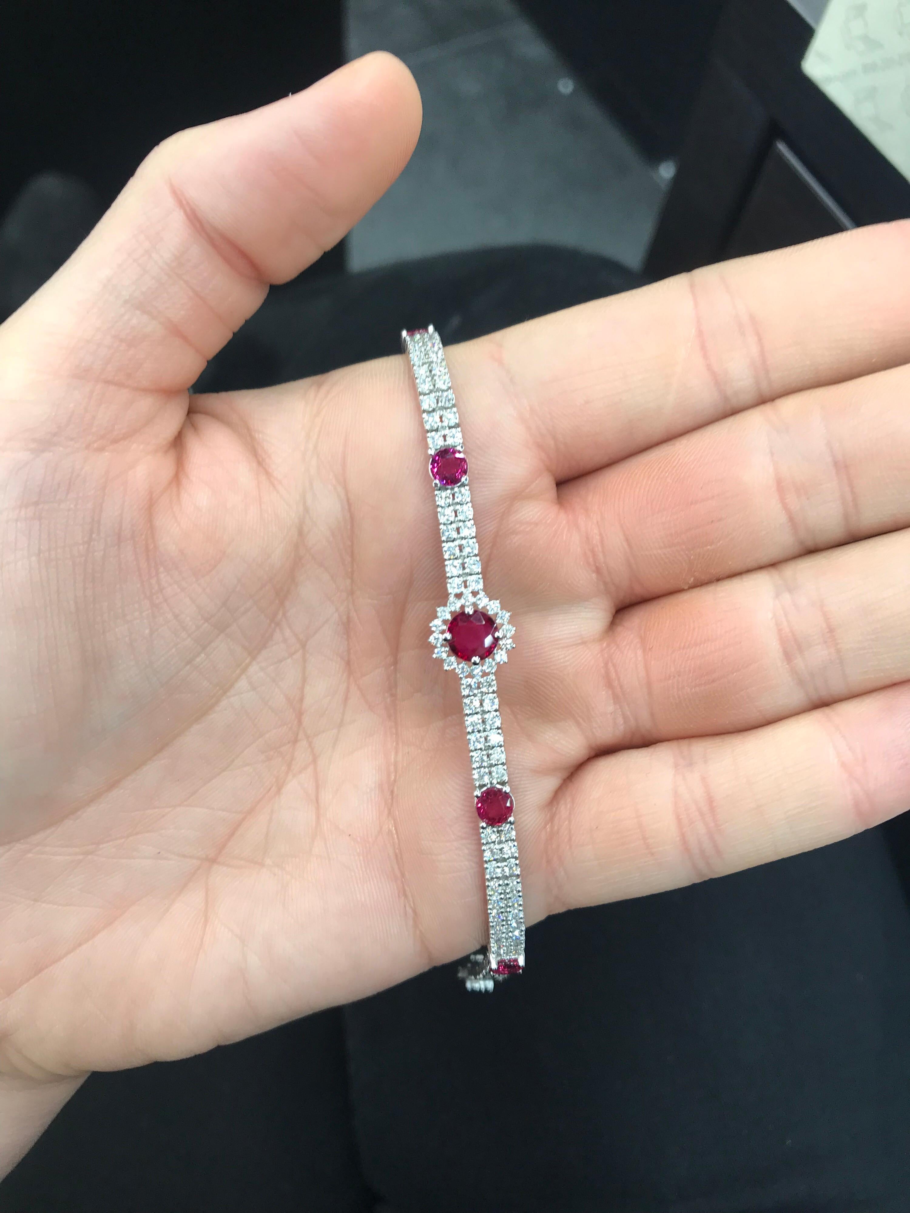 Round Cut Double Row Diamond Ruby Tennis Bracelet 5.35 Carat 18 Karat White Gold