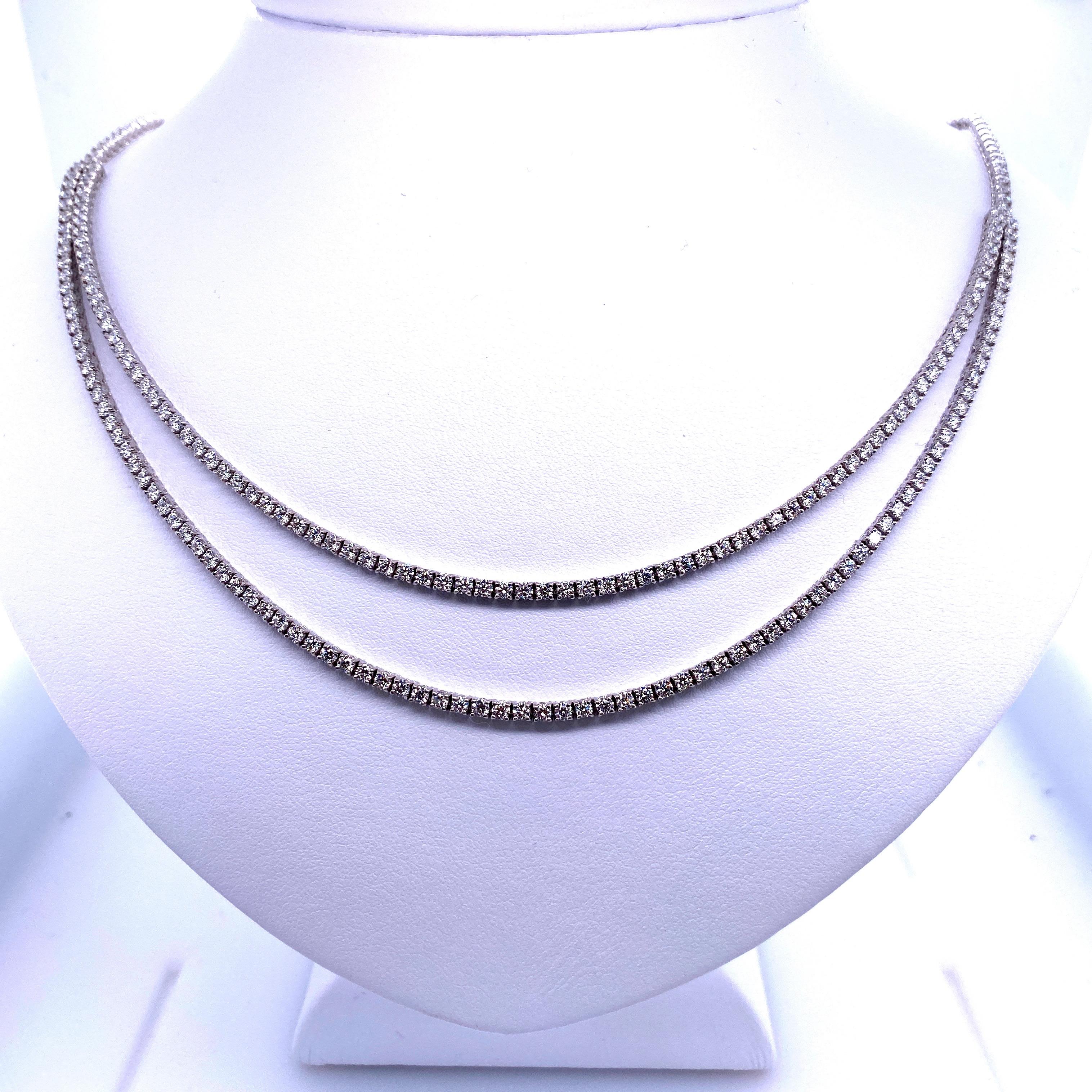 Contemporary Double Row Diamond Tennis Necklace 6.67 Carat 14 Karat White Gold