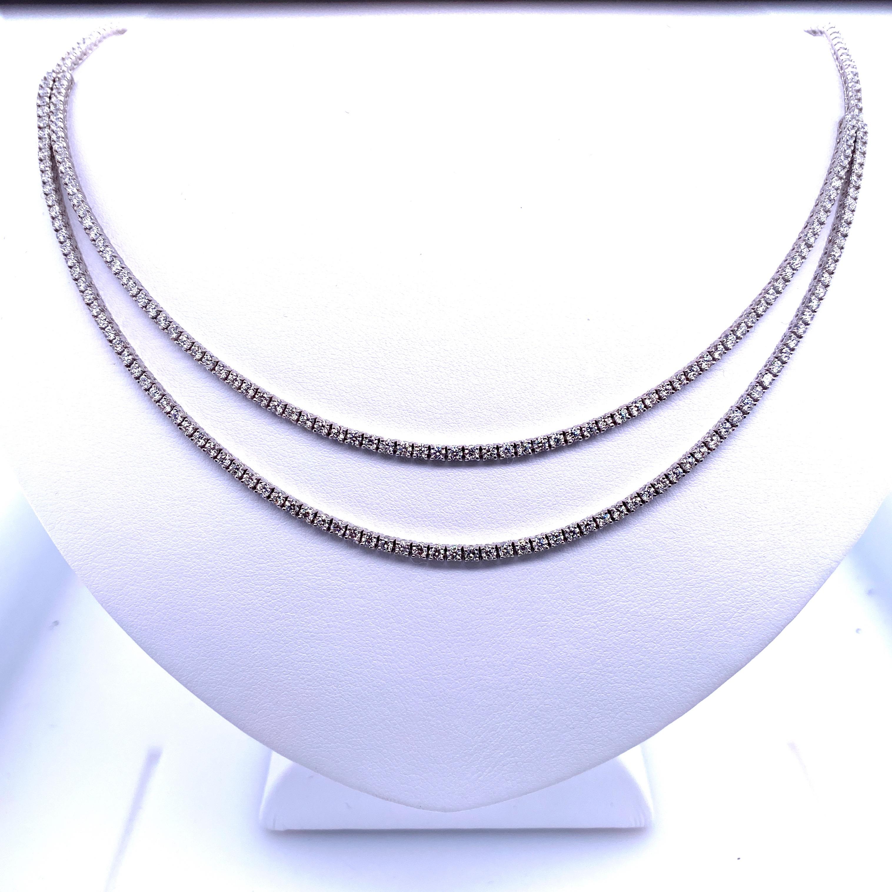 Double Row Diamond Tennis Necklace 6.67 Carat 14 Karat White Gold In New Condition In New York, NY