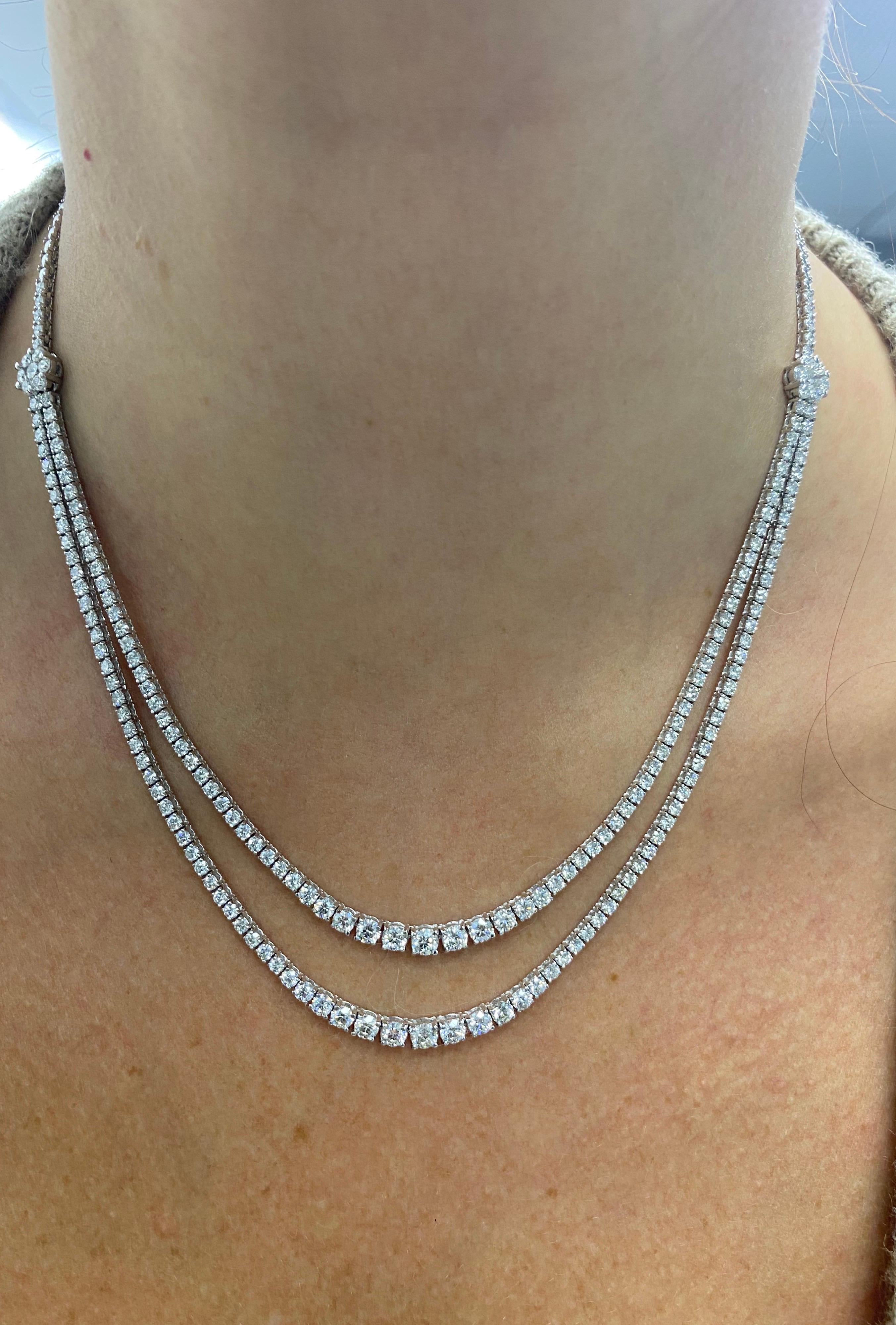 Tennis-Halskette mit 9,33 Karat Diamant in zweireihigem Schliff, 14 Karat Weißgold Damen