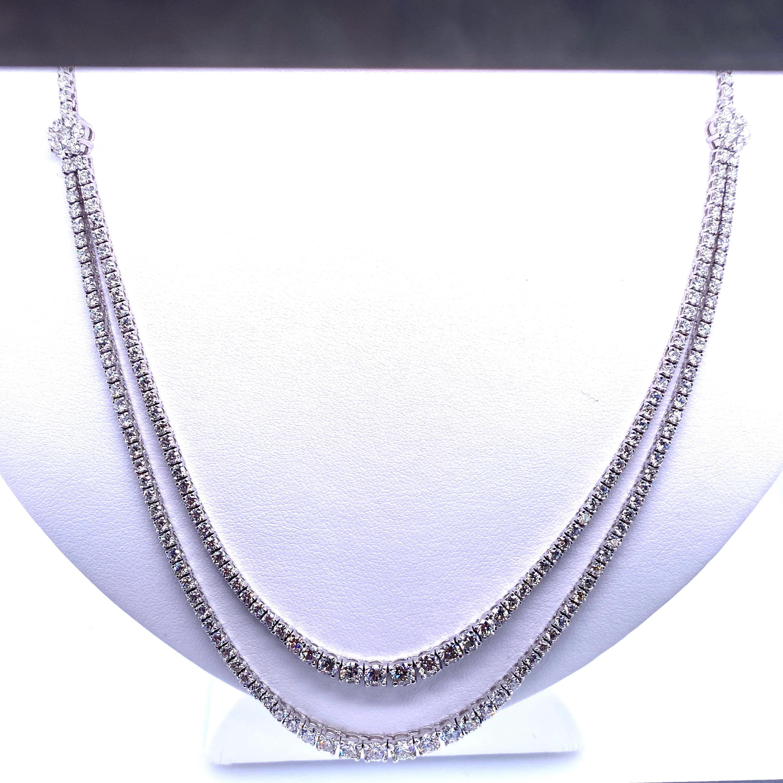 Women's Double Row Diamond Tennis Necklace 9.33 Carat 14 Karat White Gold