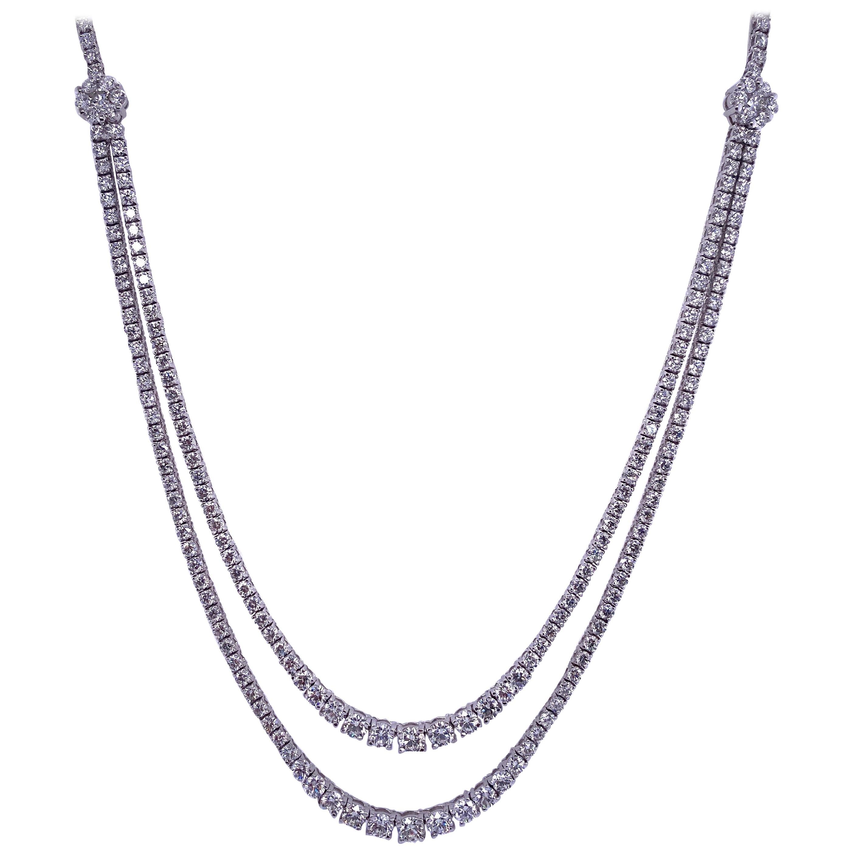 Tennis-Halskette mit 9,33 Karat Diamant in zweireihigem Schliff, 14 Karat Weißgold