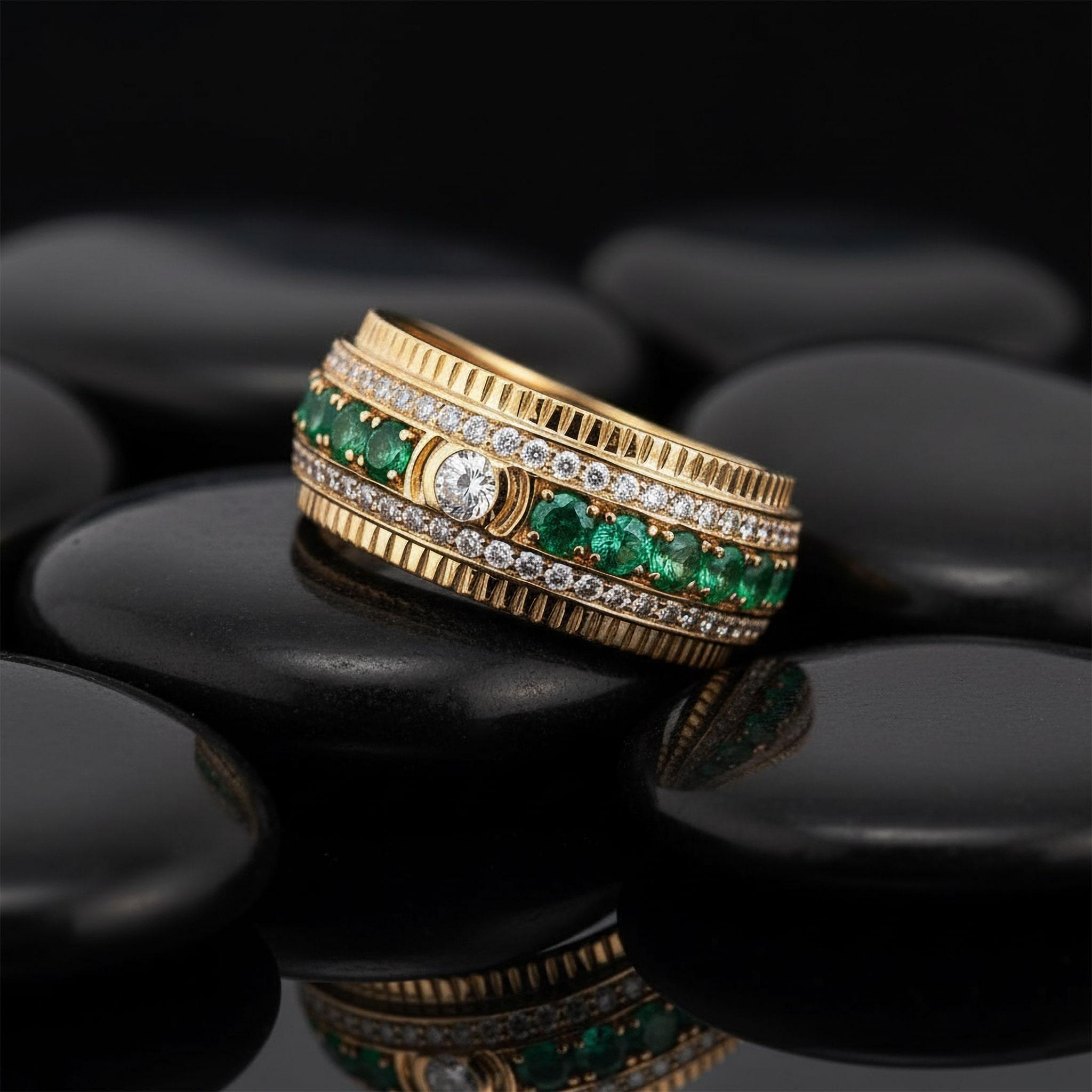 in vendita:  Anello con diamante a doppia fila di smeraldi in oro giallo 14K (o 18k su richiesta) 3