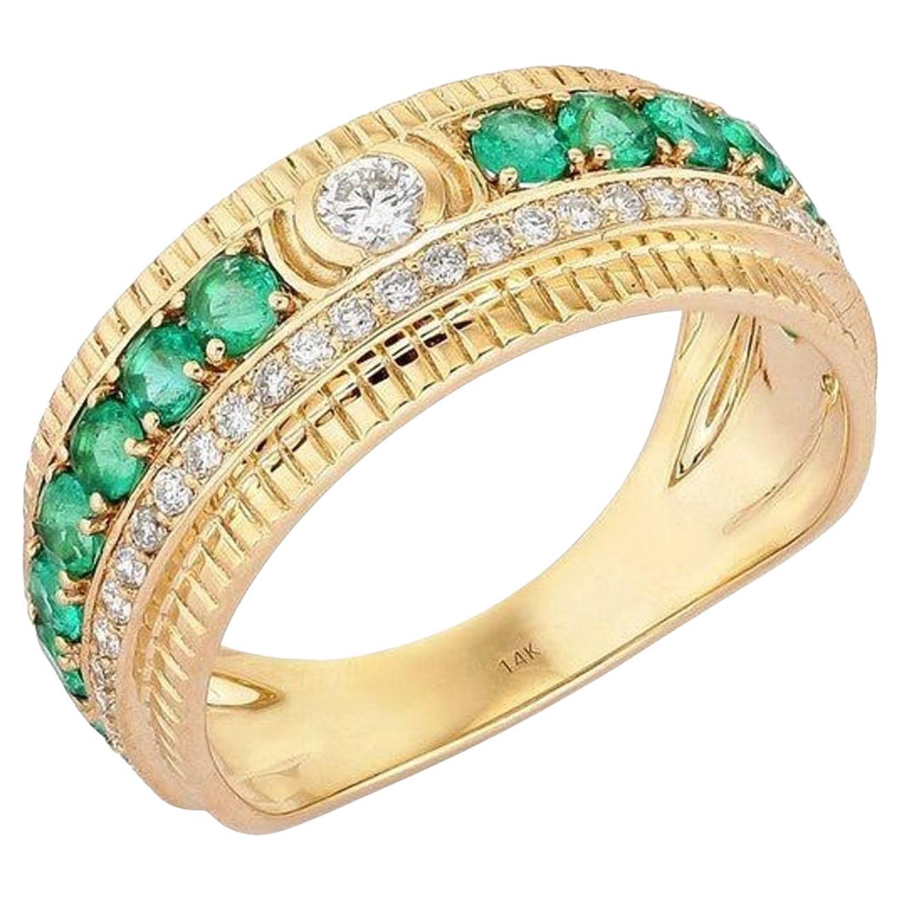 Anello con smeraldo a doppia fila in oro giallo 14K e diamanti