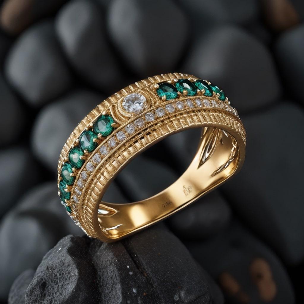 En vente :  Bague en or jaune 14K à double rangée d'émeraudes et de diamants 5