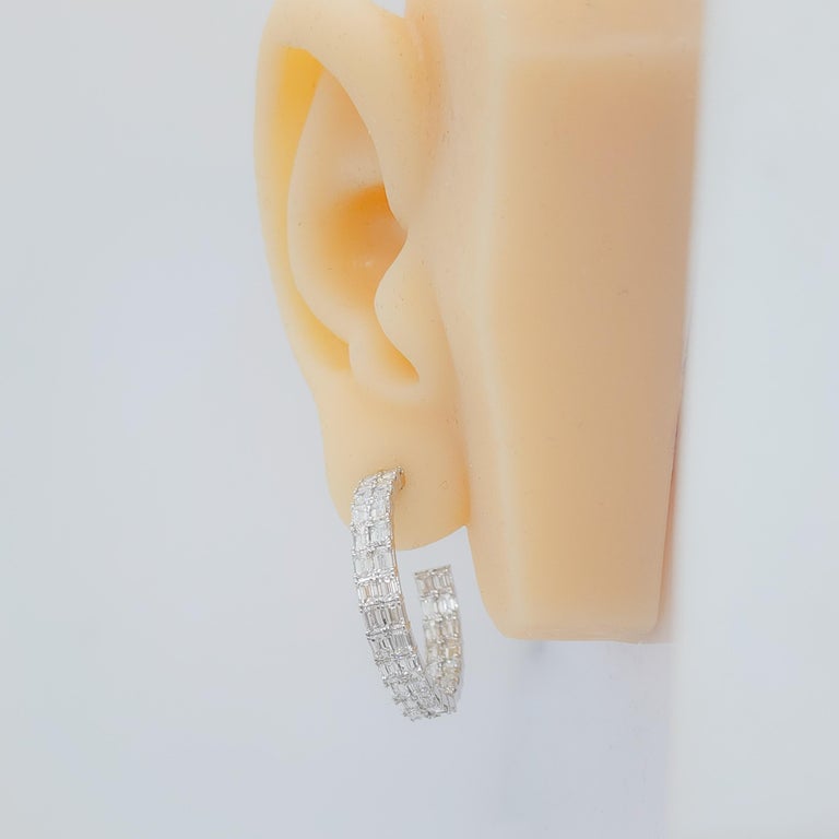 Emerald Cut Diamond Hoop Eearrings in 18K White Gold