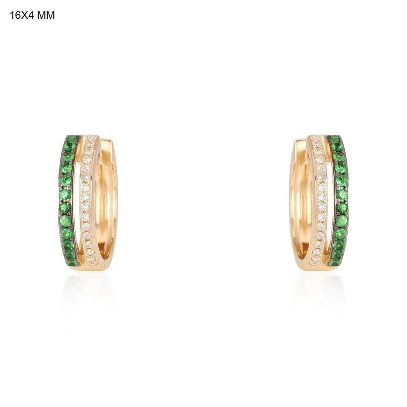 Modern Double Row Emerald Diamond 14K Yellow Gold Huggie Hoops For Sale