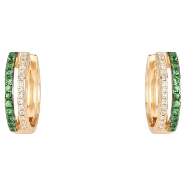 Double Row Emerald Diamond 14K Yellow Gold Huggie Hoops