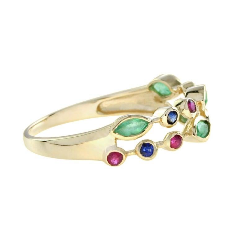 Double Row Emerald, Ruby and Sapphire Eternity Ring in 18K Yellow Gold For Sale 1