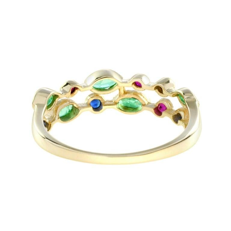 Double Row Emerald, Ruby and Sapphire Eternity Ring in 18K Yellow Gold For Sale 2
