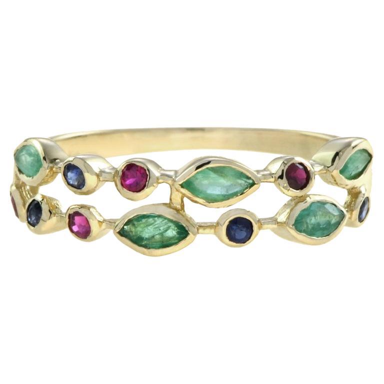 Double Row Emerald, Ruby and Sapphire Eternity Ring in 18K Yellow Gold For Sale
