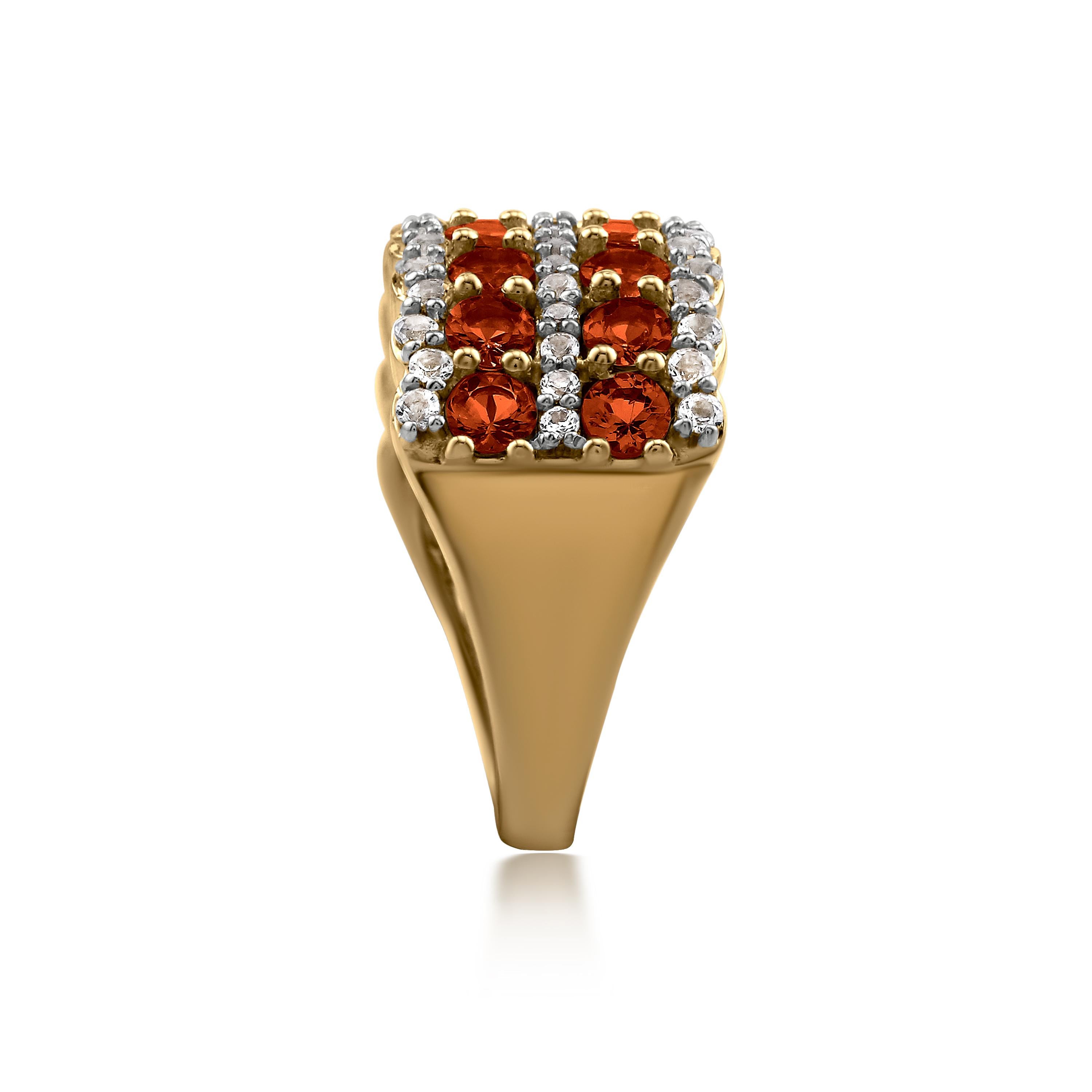When it comes to your jewelry collection, the dazzling double-row design of this Gemistry gemstone band ring is destined for greatness. This dome-shaped eternity band ring features two rows of prong-set 1.45 carat  Fire Opal accented on each end and