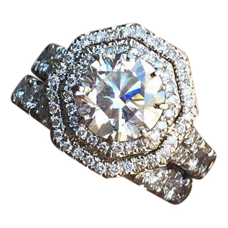 Double Row Hexagonal Halo, Round Centre Diamond Engagement Ring, Pave Diamond For Sale