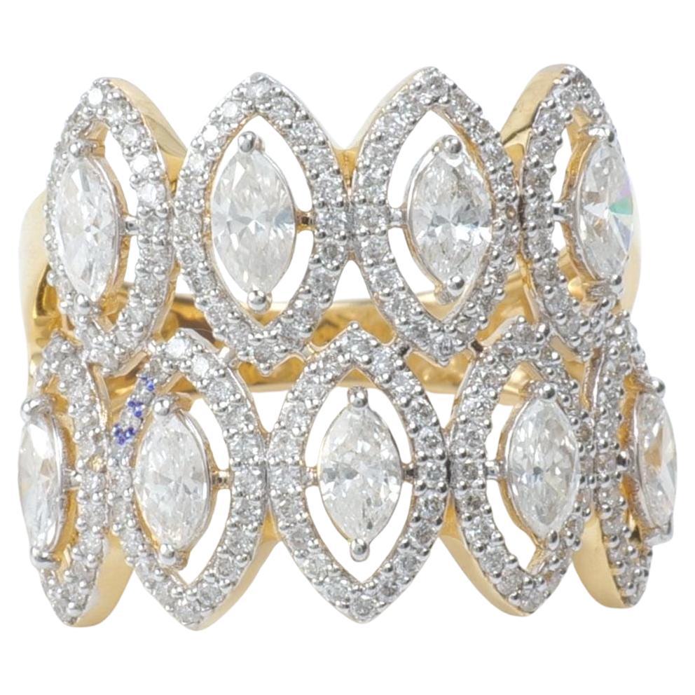 Double Row Marquise Natural Diamond Broad Ring in 14K Solid Gold (Certified) For Sale