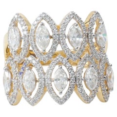 Anillo ancho de diamantes naturales marquesa de doble fila en oro macizo de 14 quilates (certificado) Anillo ancho de diamantes naturales marquesa de doble fila en oro macizo de 14 quilates (certificado)