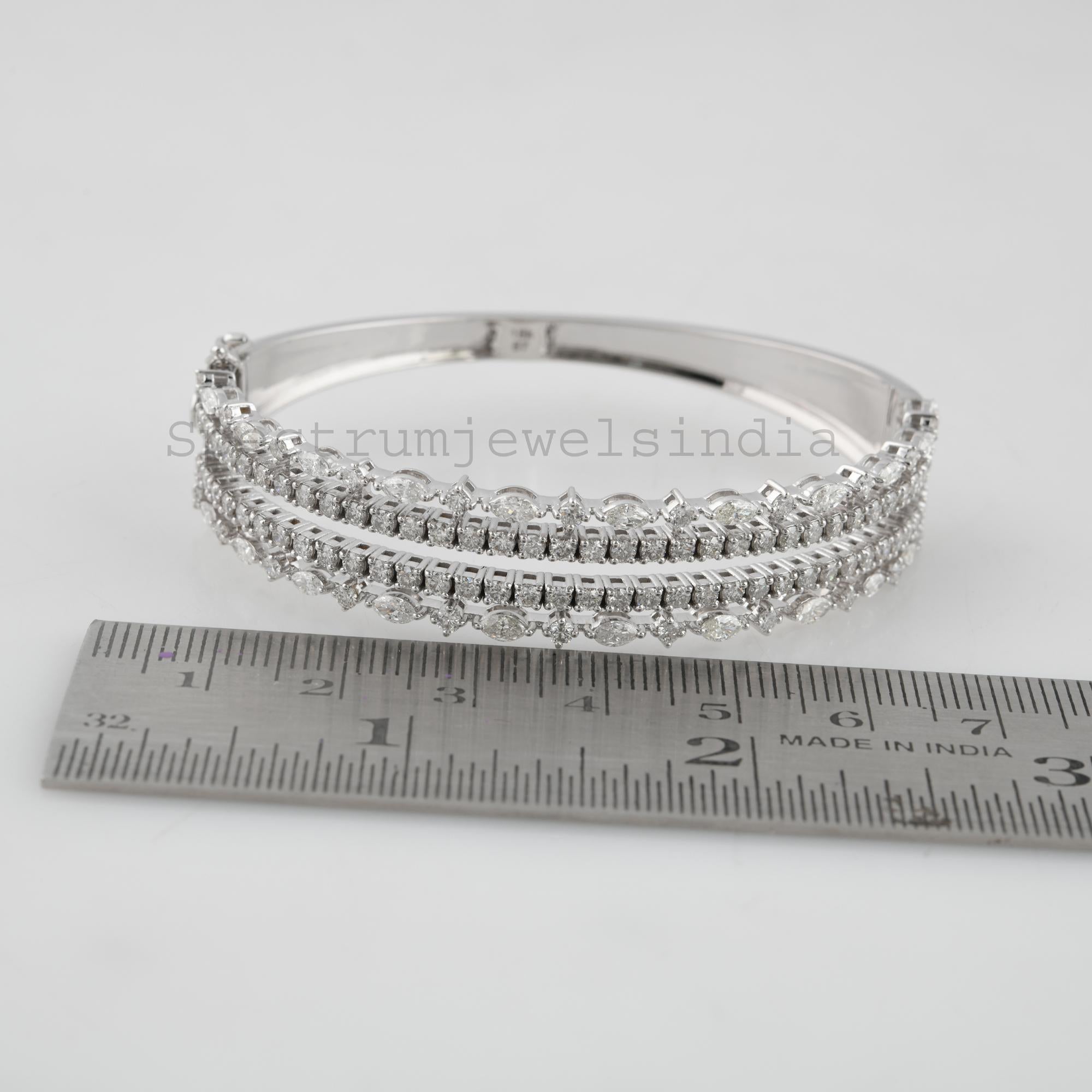 Bracelet manchette à double rangée de diamants Marquise Round Cut SI/H 14 Karat White Gold Pour femmes en vente