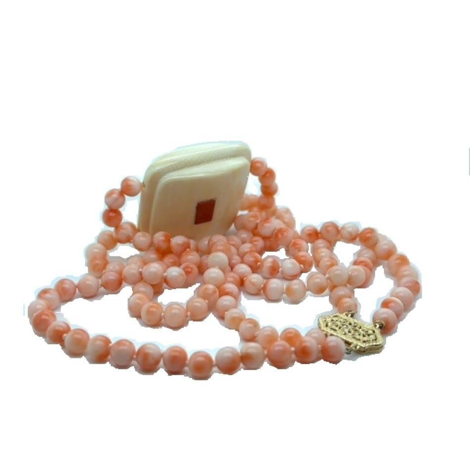Contemporary Double Row Momo Coral Necklace w Carved Ivory Centerpiece For Sale