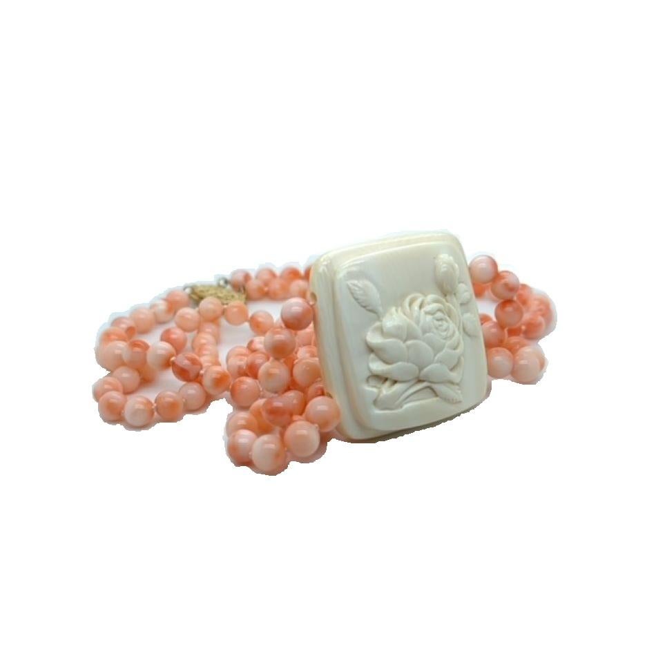 Bead Double Row Momo Coral Necklace w Carved Ivory Centerpiece For Sale