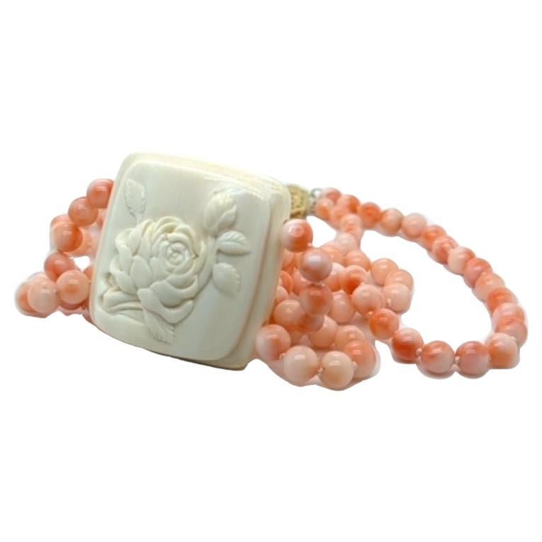 Double Row Momo Coral Necklace w Carved Ivory Centerpiece For Sale