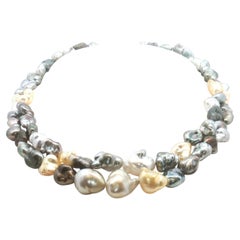 Double-Row Multicolor South Sea Tahitian Keshi Pearl Necklace 16" inches